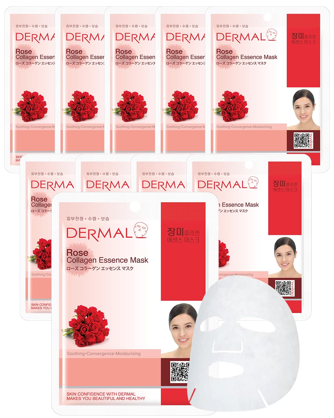 Dermal Rose Collagen Essence Mask - Pack Of 10, Soothing & Hydrating, Hypoallergenic Sheet