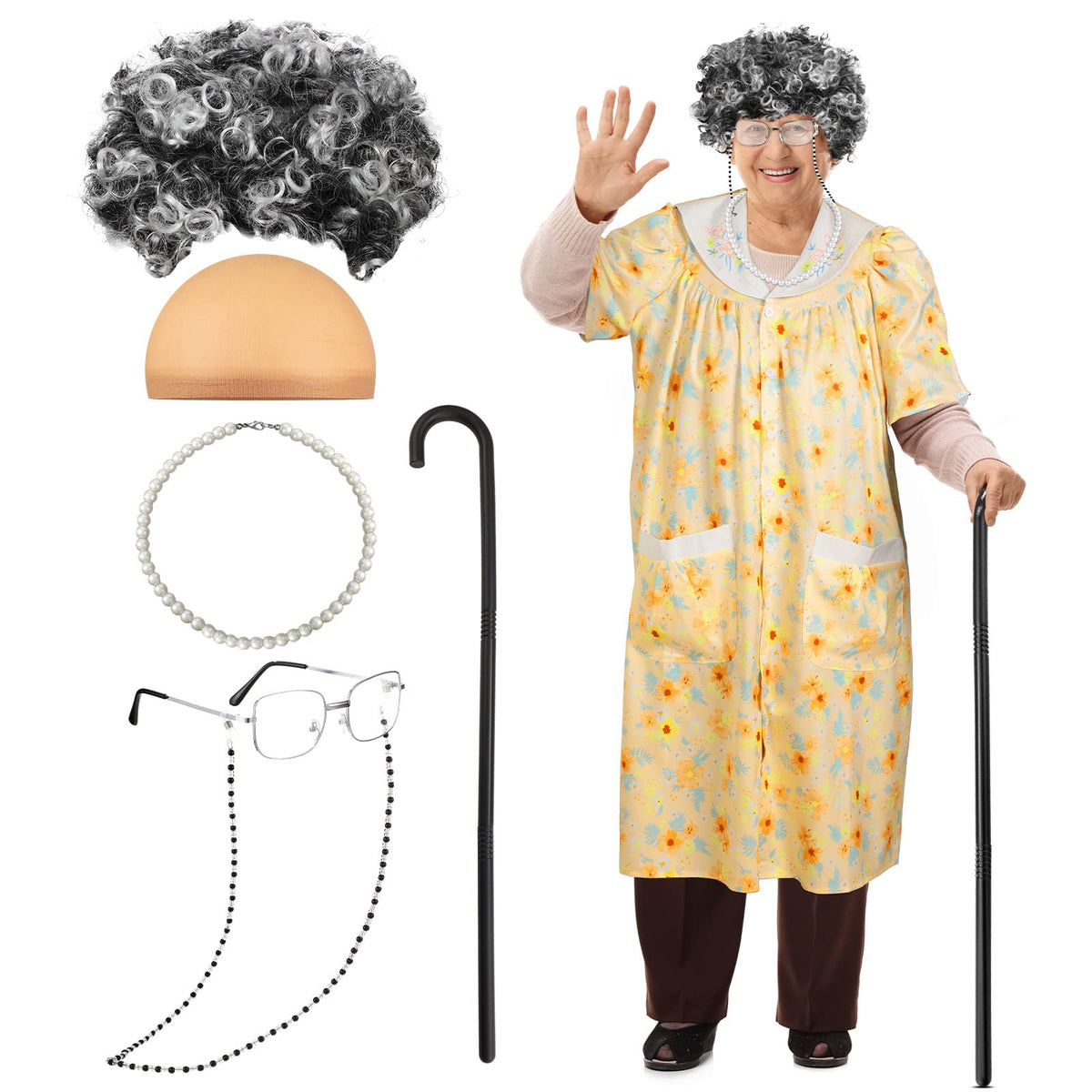 Jiuguva 7 Pcs Old Lady Costume Set For Women & Kids - Wig, Crutch, Glasses, Large, Stylish Style