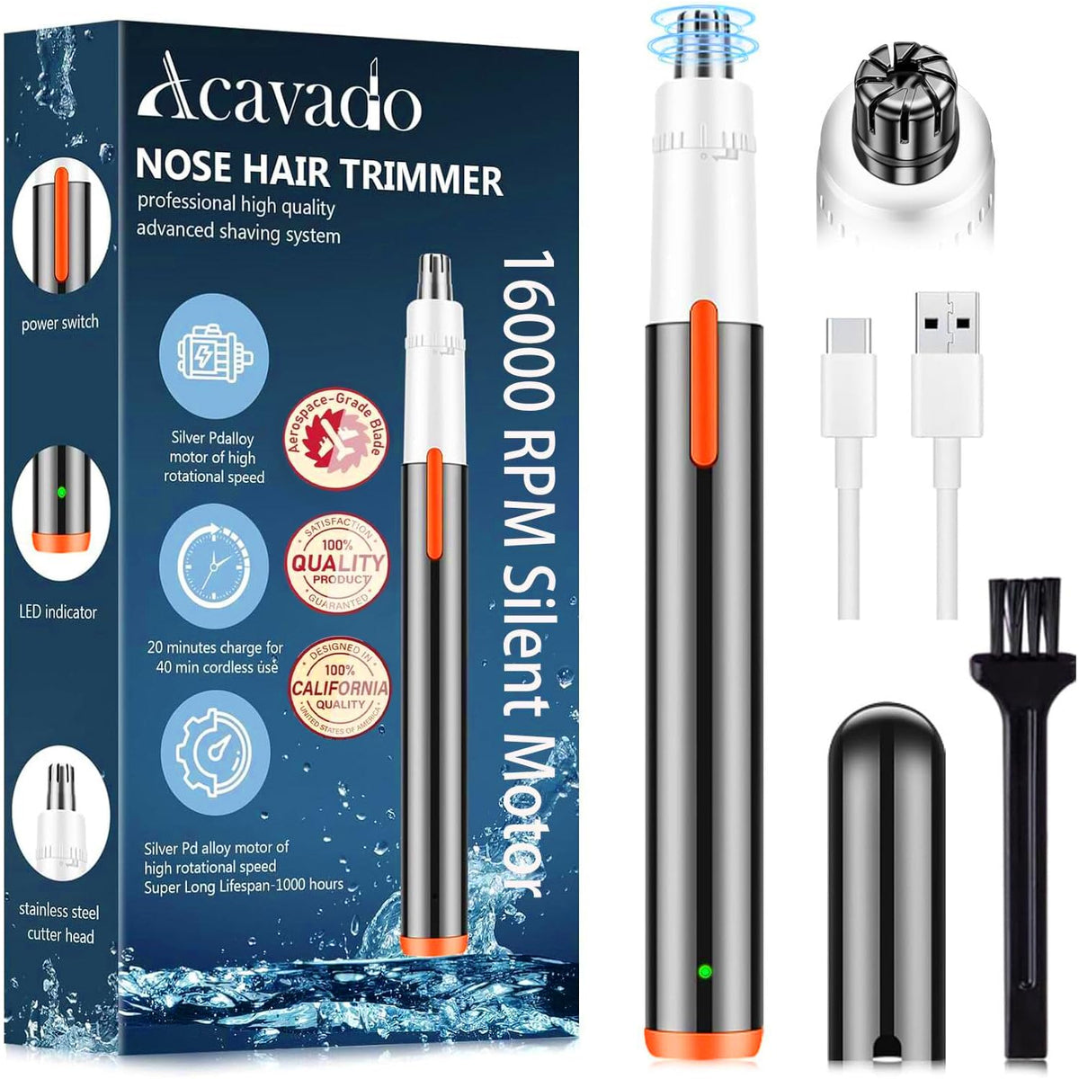 Acavado Painless Usb Rechargeable Nose Hair Trimmer, Dual Edge Blades, Ipx7 Waterproof, Black