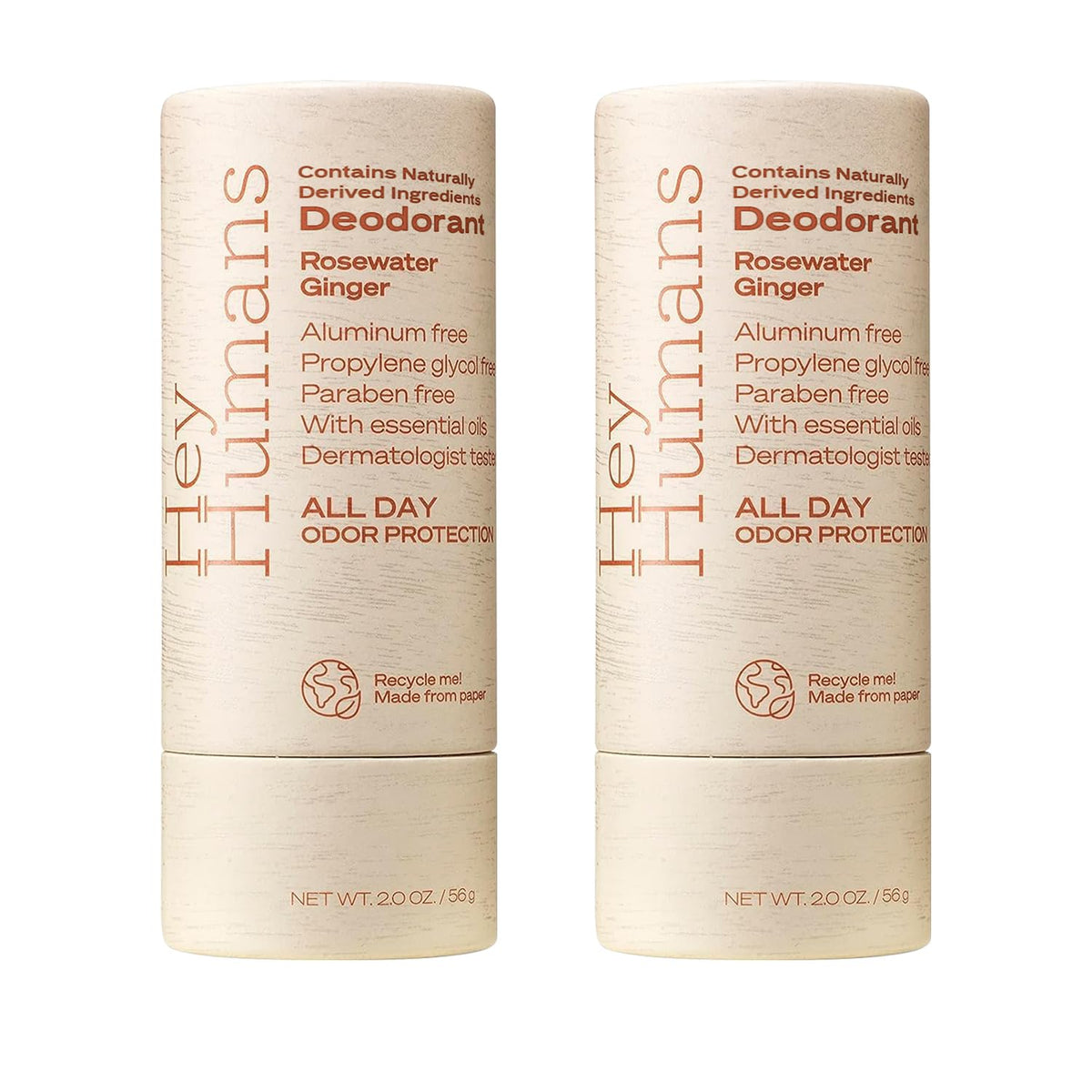 Hey Humans Aluminum Free Deodorant For Women & Men, 2 Pack, Naturally Derived, Rosewater Ginger