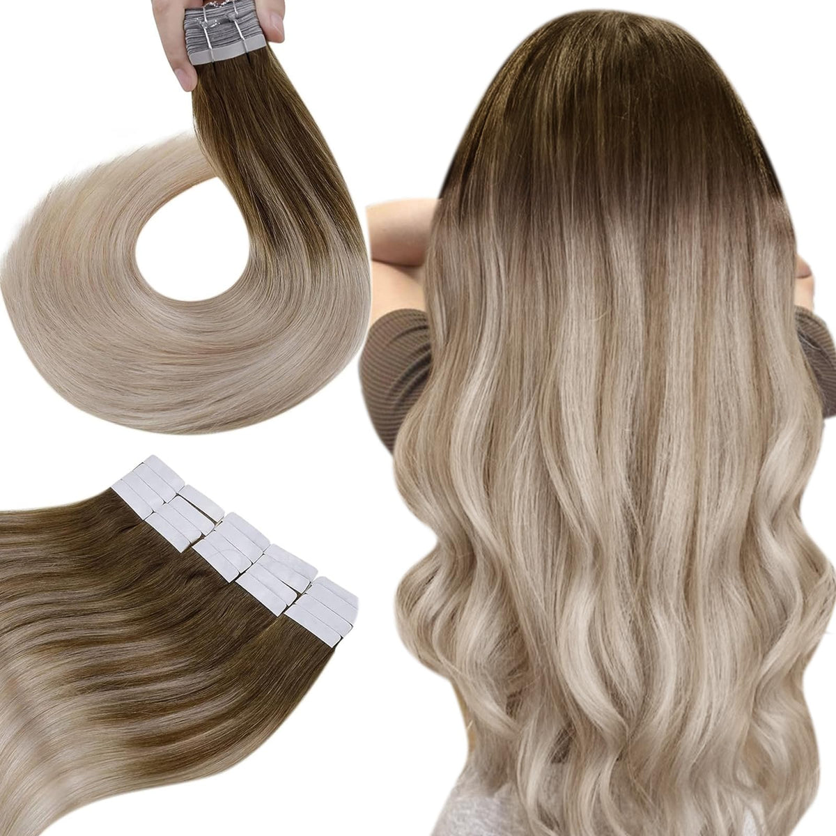 Hetto 12&quot; Tape In Hair Extensions Ombre Blonde Human Hair, 40G, 20Pcs, #8/18/