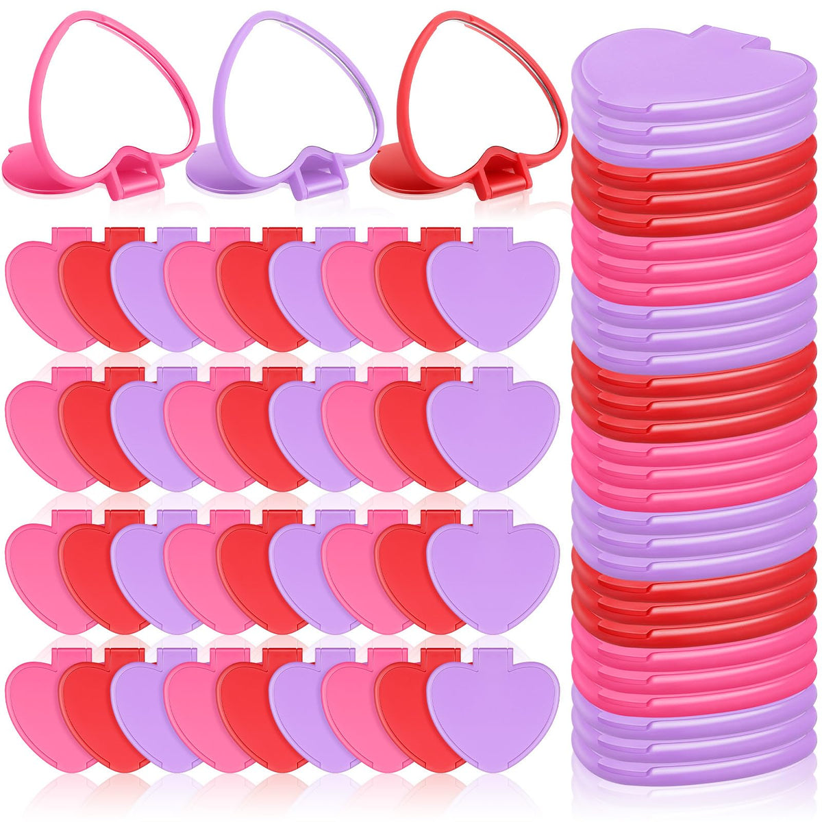 Geetery 48 Pcs Heart Shaped Compact Mirrors - Mini Makeup Travel Gifts For Women (Red, Rose Red, Purple)