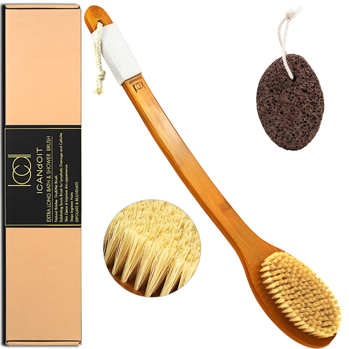 Icandoit 19.68&quot; Stiff Sisal Bath Brush With Bamboo Handle - Shower Back Exfoliation Set