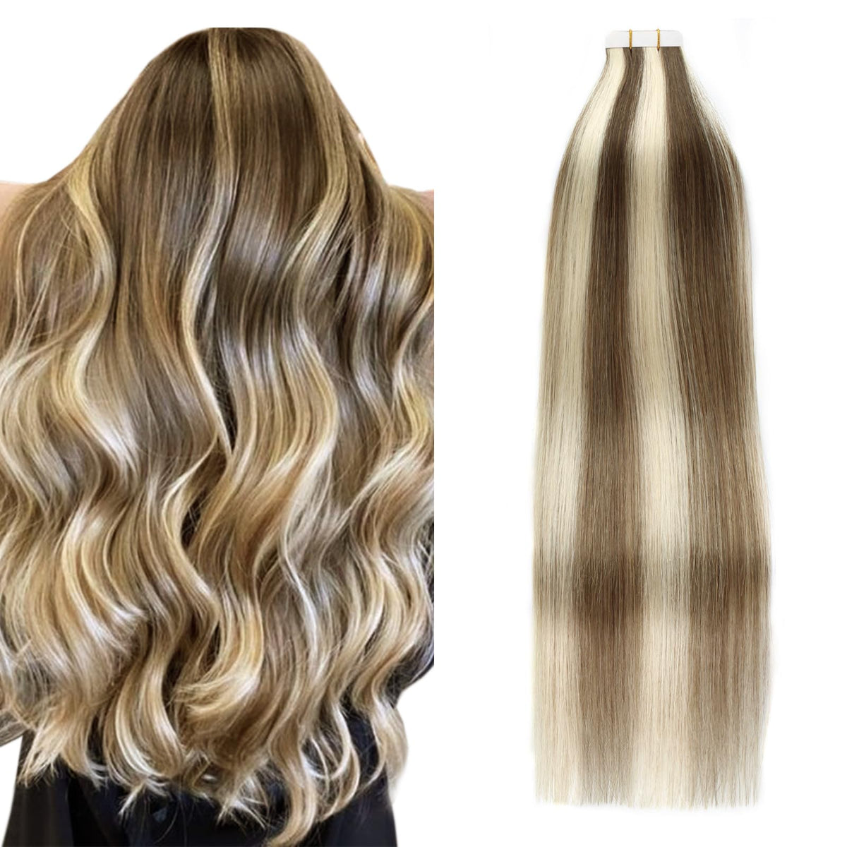 Ymeyme 20&quot; Tape In Hair Extensions, Human Hair, Remy, Seamless, Chocolate Brown To Blonde