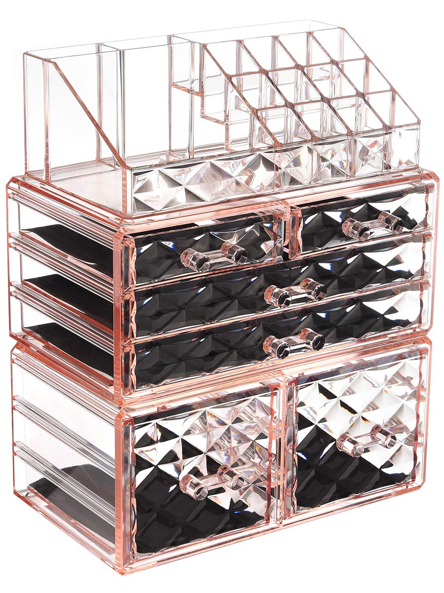 ZHIAI Acrylic Makeup Organizer - Transparent Cosmetic Storage with Drawers & Jewelry Box, Pink Diamond