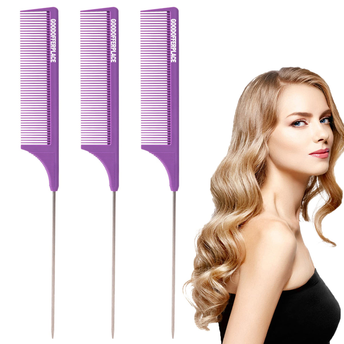 Goodofferplace Purple Rat Tail Comb Set - 3 Heat Resistant Carbon Fiber Hair Combs For Styling