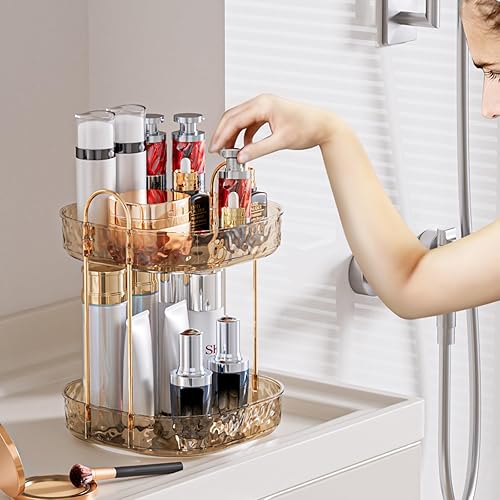 ZHIAI 2-Tier Amber Rotating Makeup Organizer - Skincare & Perfume Storage, 360 Spinning Countertop