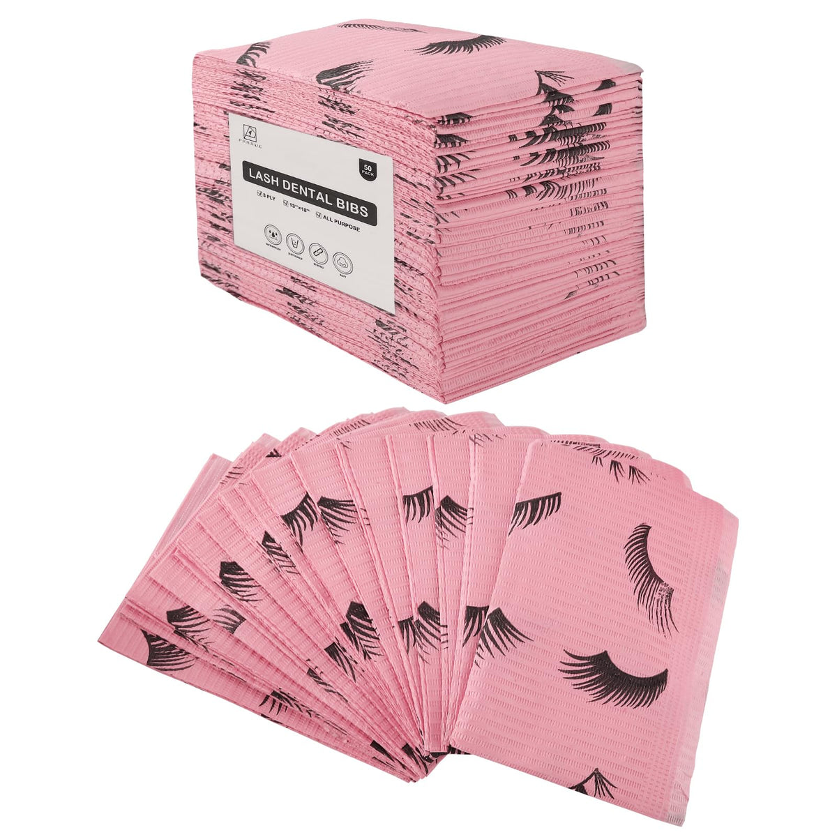 Prasne Pink 3-Ply Dental Bibs Disposable Pack Of 50, Waterproof Eyelash Towels, 13” X