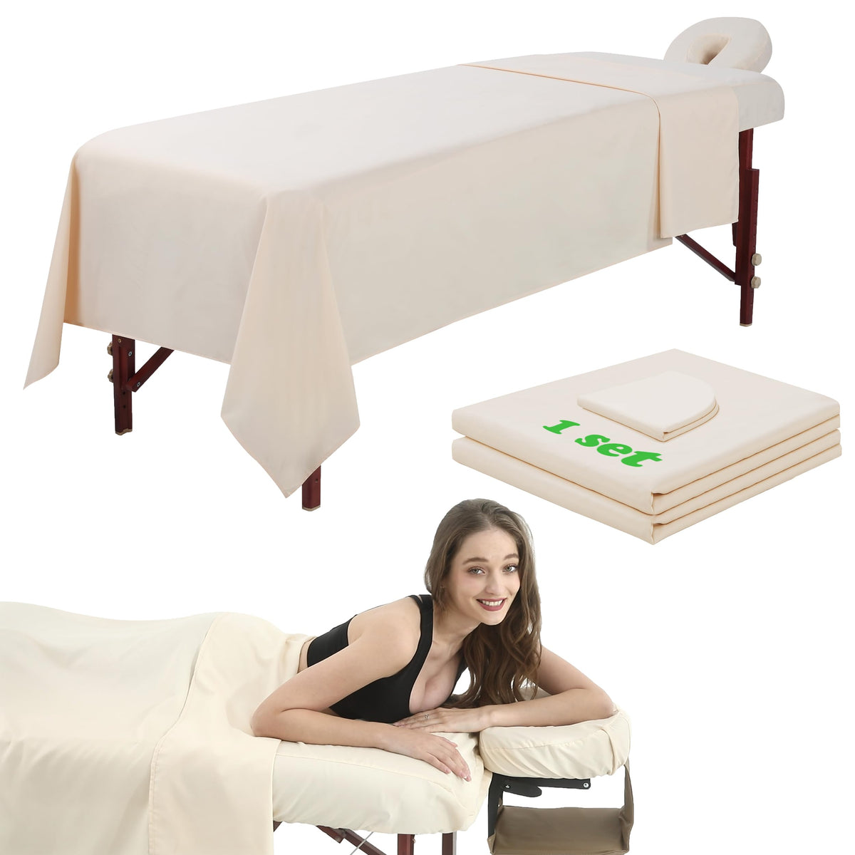 Omutavm 3-Piece Microfiber Massage Table Sheets Set - Soft, Waterproof, Oil Proof, Beige