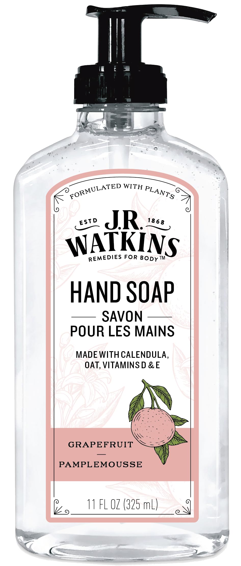 J.R. Watkins Hand Soap, Natural Grapefruit Scent, 11 Fl Oz - Eco-Friendly Plastic Bottle