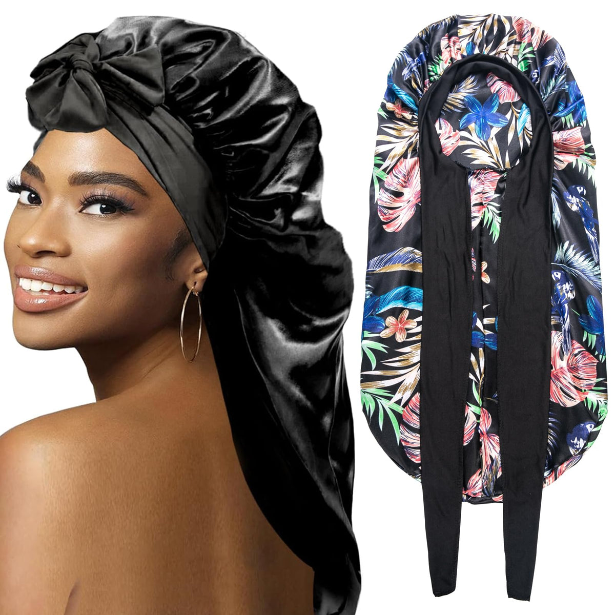 Wozutunt 2Pcs Silk Bonnets For Black Women - Large Satin Sleep Caps For Braids, Stretchy Tie Band