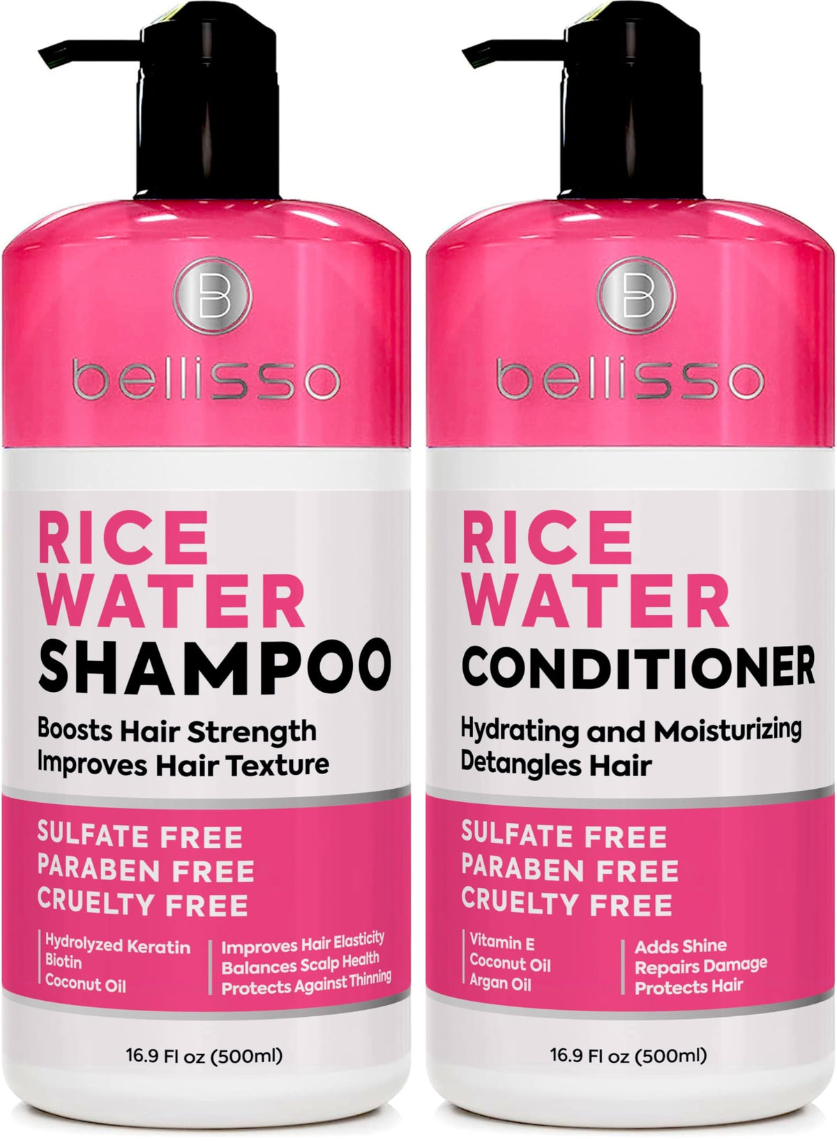 Bellisso Rice Water Shampoo & Conditioner Set - Sulfate Free, Volumizing For Thin Hair, 33.8 Fl