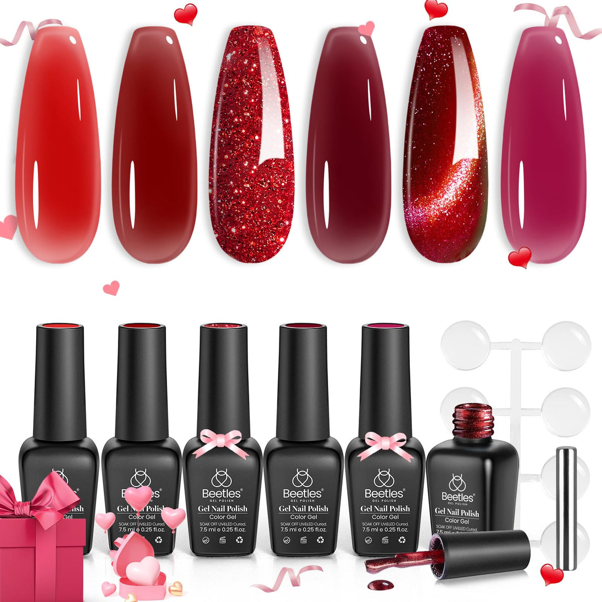 Beetles Gel Polish Cat Eye Nail Set - 6 Glitter Colors, Burgundy Red, Diy Manicure Gifts For Women