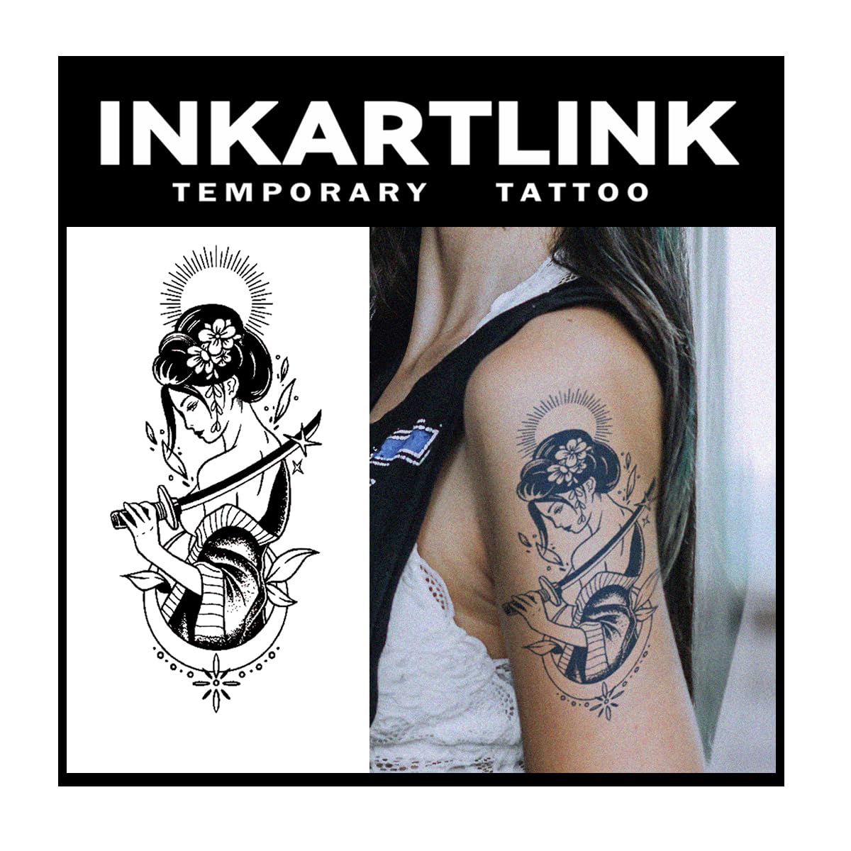 Inkartlink Japanese Warrior Girl Temporary Tattoo - 2 Sheets, Waterproof, Semi-Permanent Design