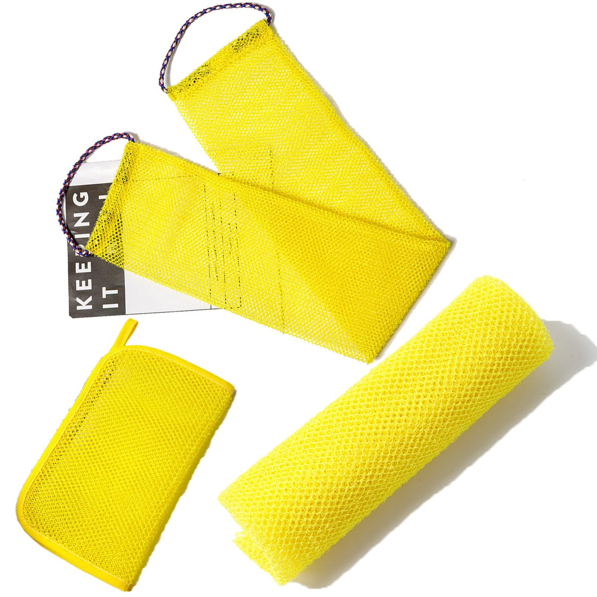 Vottcker 3 Pcs African Exfoliating Net Sponge Body Scrubber & Shower Cloth Set - Yellow