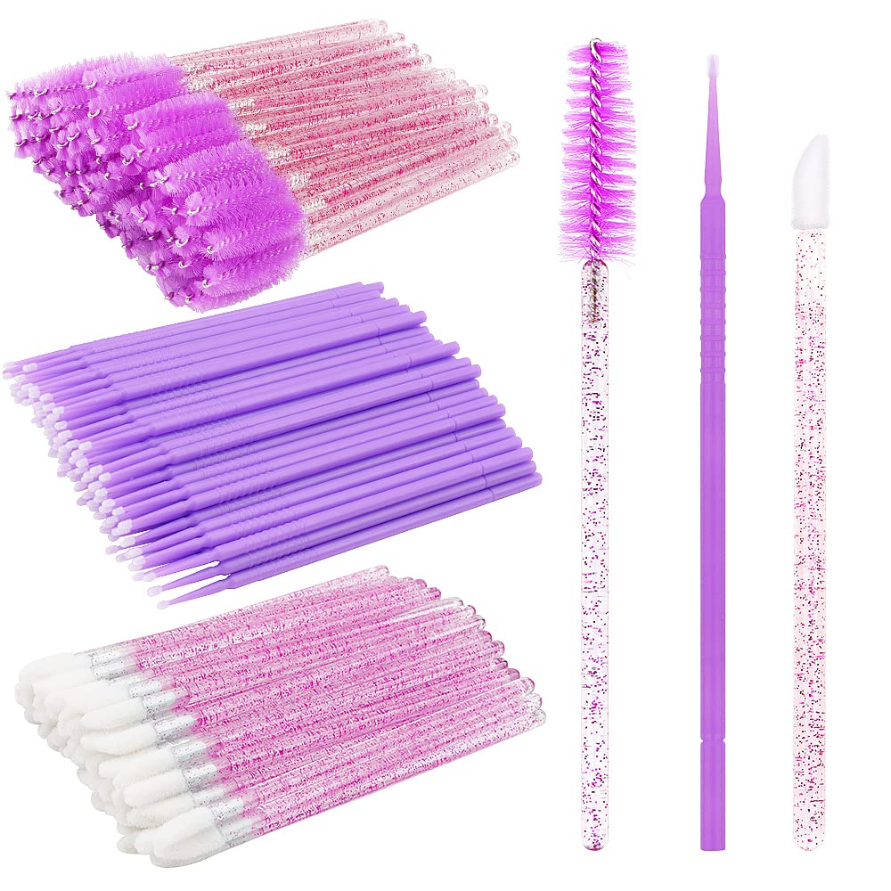 Mekupeu 300 PCS Eyelash Extension Supplies - Purple Micro Swab Brush & Mascara Applicator Set