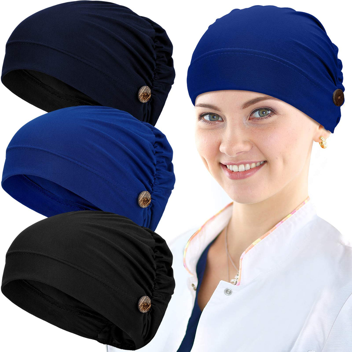 Geyoga 3 Pack Bouffant Caps With Buttons, Unisex Stretchy Headband Turbans In Navy, Black, Royal