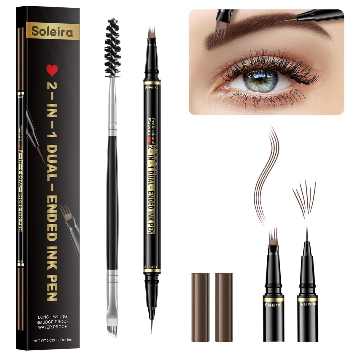 Soleira Waterproof Eyebrow Pen, Dark Brown Microblading Pencil With Dual-Ended Brush