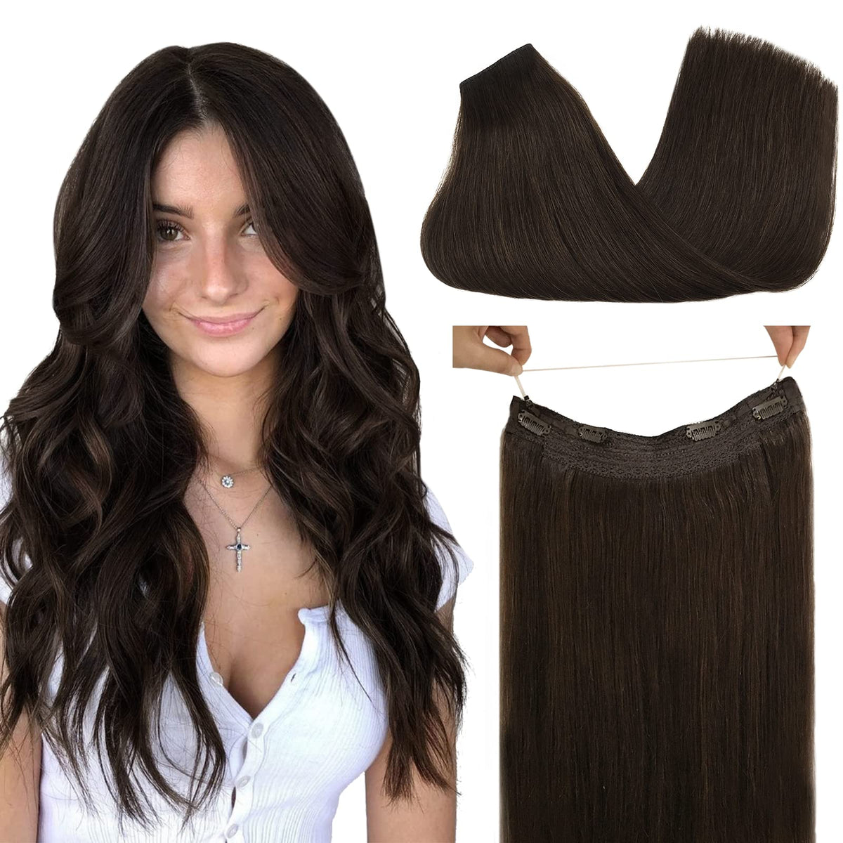 GOO GOO 12 Inch Dark Brown Human Hair Extensions - 100% Remy Wire Hairpiece, Thick & Straight