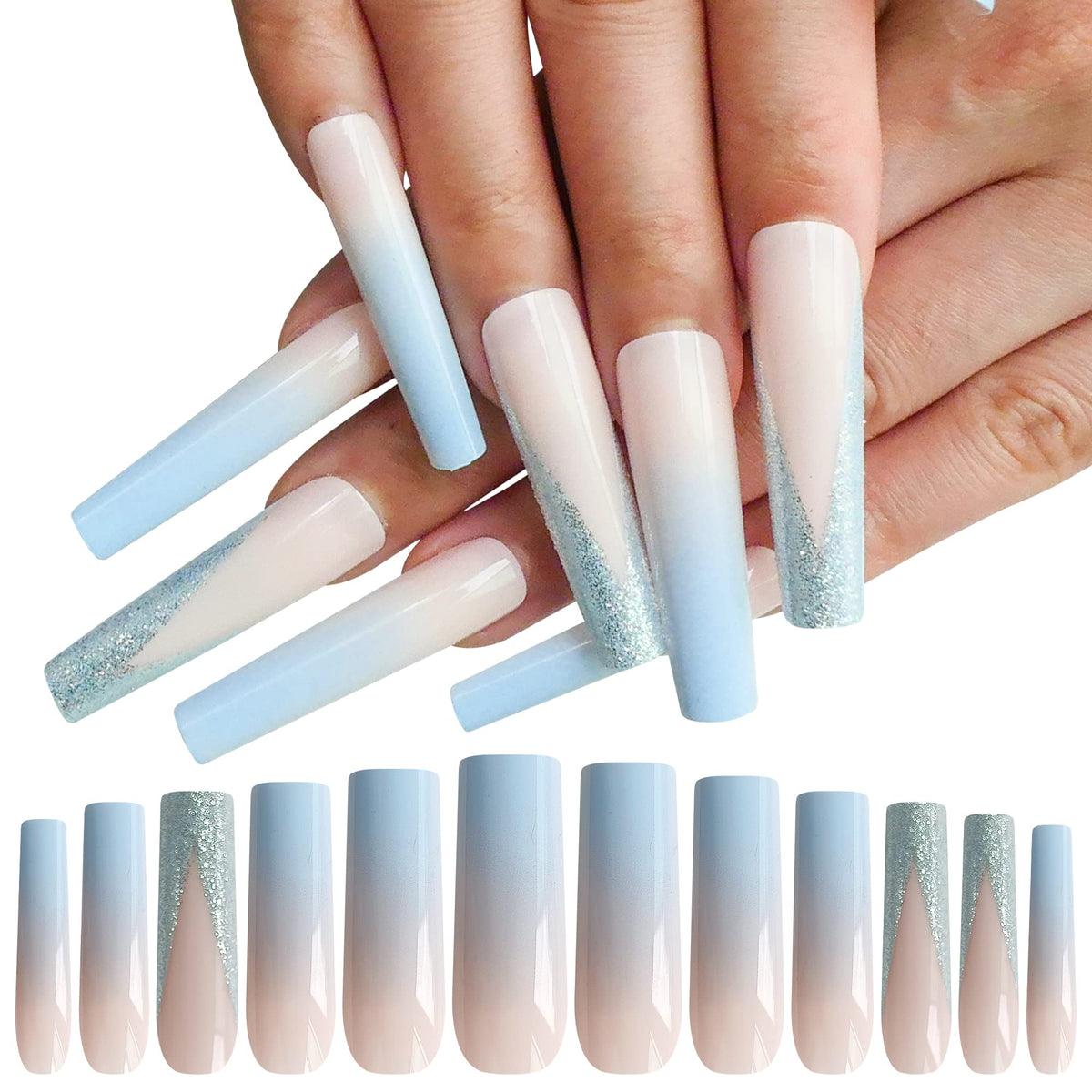 Addfavor 24Pcs Extra Long Tapered Square Acrylic Press On Nails - Glossy Blue Silver Glitter