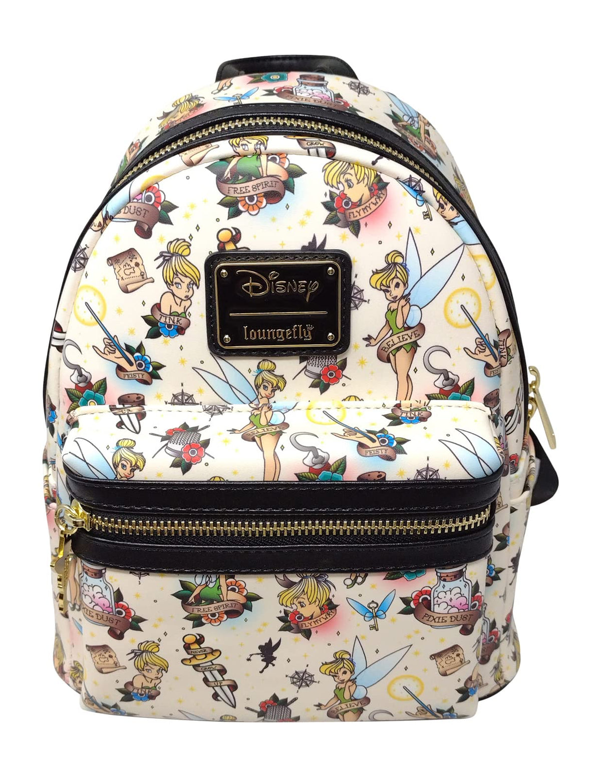 Loungefly Disney Tinkerbell Tattoo Print White Medium Faux Leather Shoulder Bag Purse