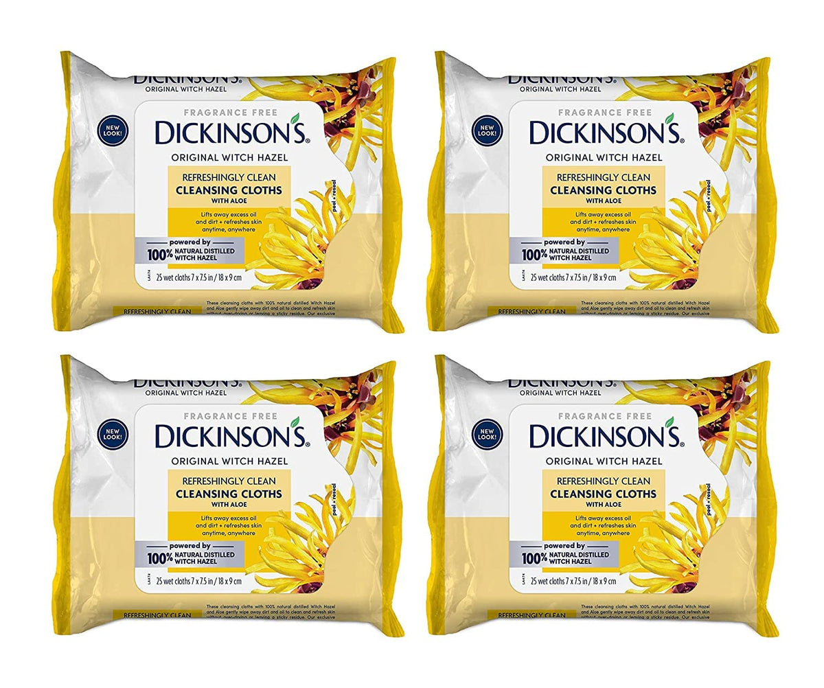 Dickinson'S Witch Hazel Cleansing Cloths With Aloe, 25 Count, 4 Pack - Refreshing Clean