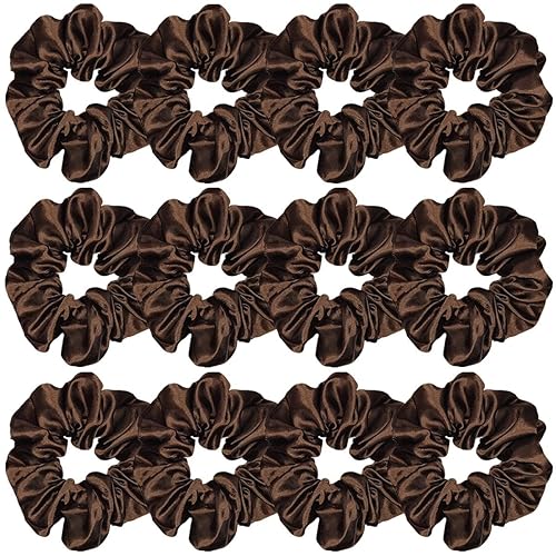 Sufermoe 12 Pcs Dark Brown Satin Silk Hair Scrunchies, Soft Hair Ties for Women & Girls