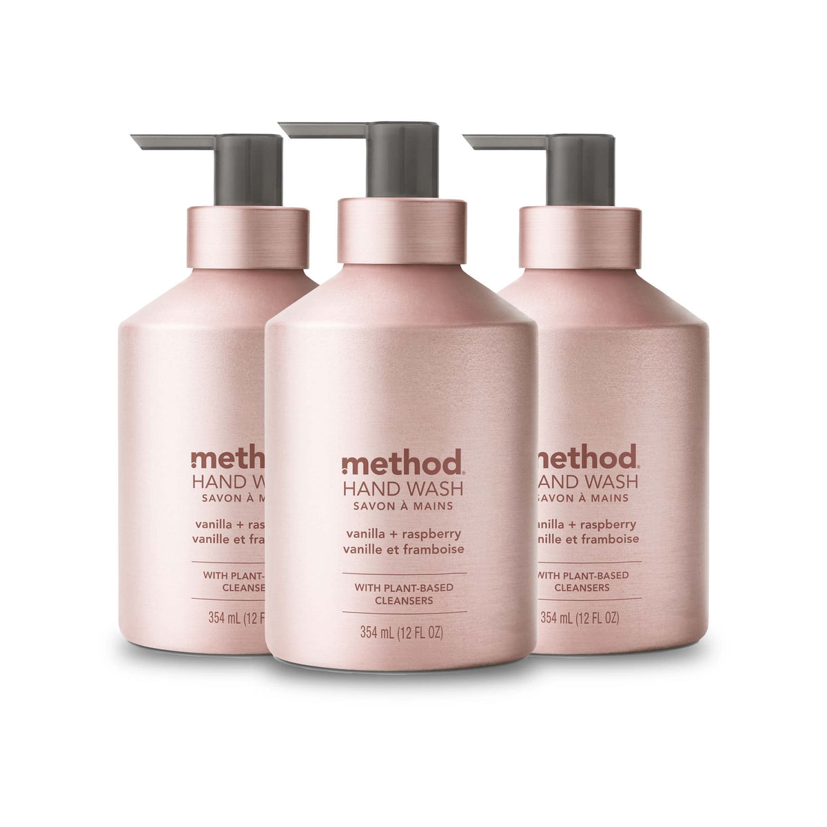 Method Gel Hand Soap, Vanilla + Raspberry, 12 Oz Reusable Pink Aluminum Bottle, 3 Pack