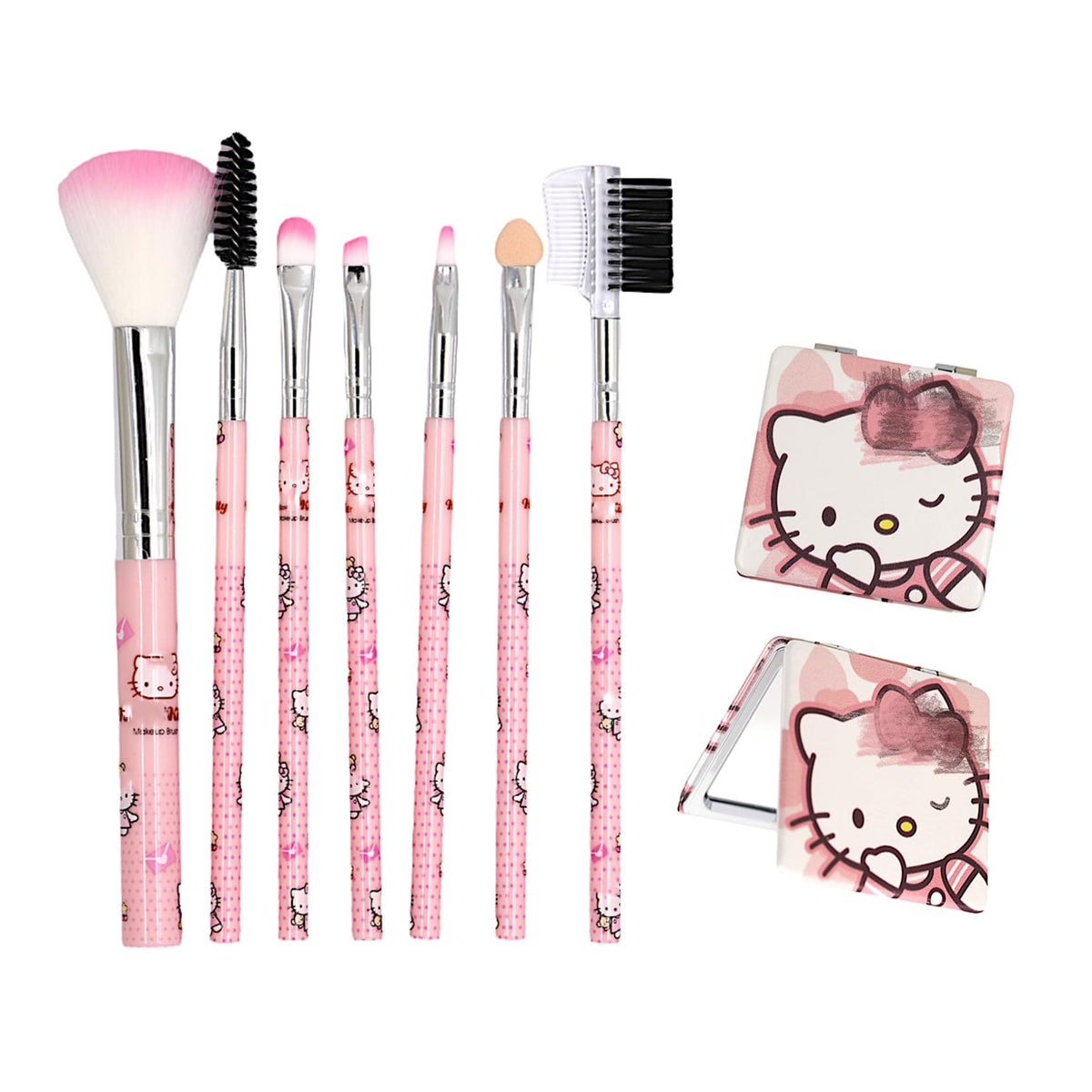 Onezhi 7 Pcs Pink Makeup Brush Set - Cute Kitty Kawaii Cosmetic Brushes With Case For Women