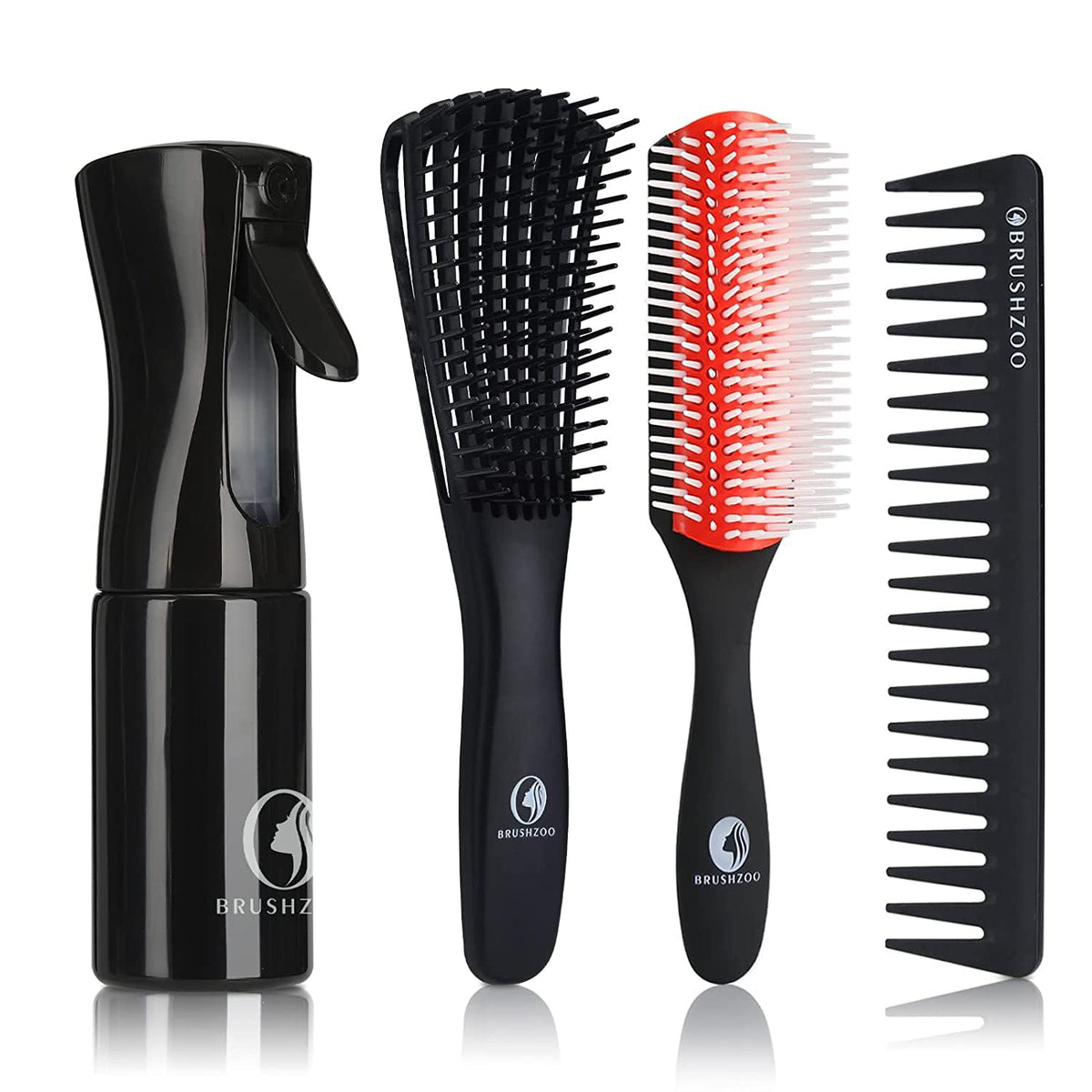 Brushzoo Detangler Hair Brush & Spray For Curly Hair - 9 Row Wide Tooth Comb, Red