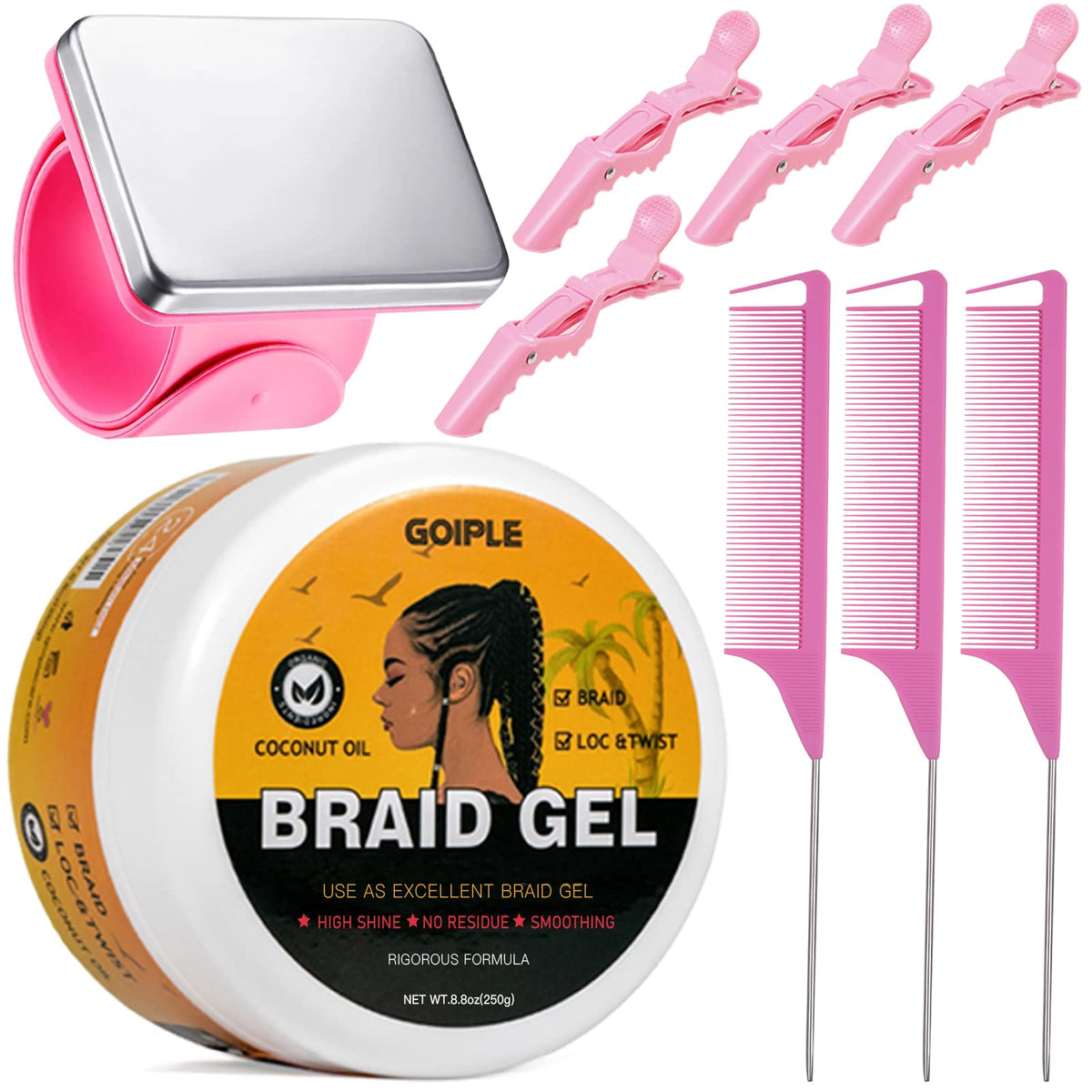 Goiple Strong Hold Smoothing Braiding Gel With Tools For Twists, Locs, Edges - 1.1Oz Pack Of