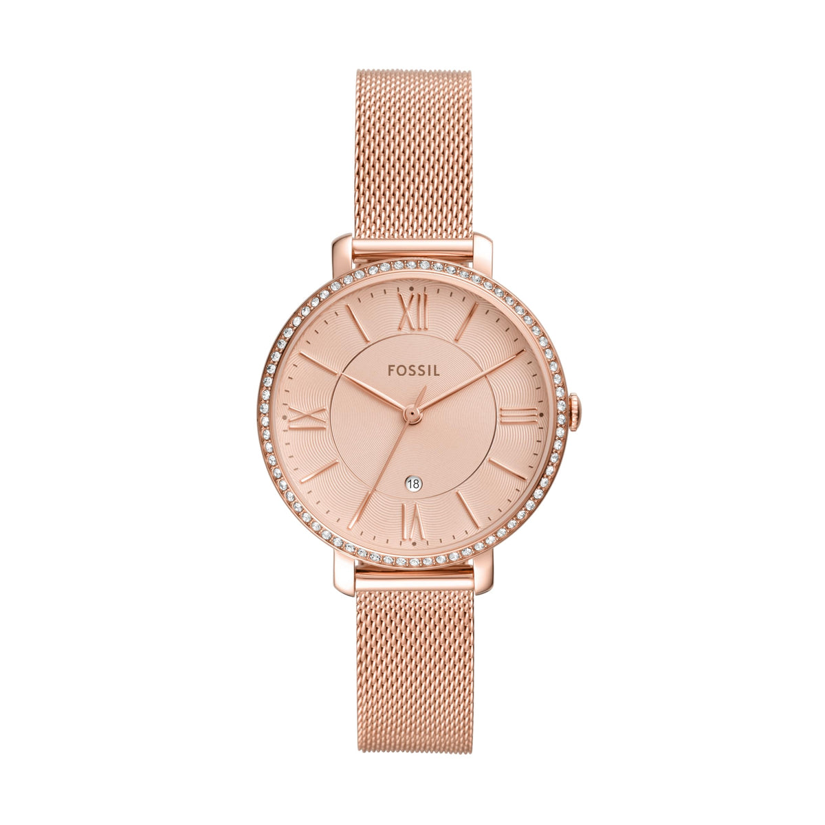 Fossil Women'S Jacqueline Rose Gold Glitz Mesh Watch, Stainless Steel, Three-Hand, Es4628