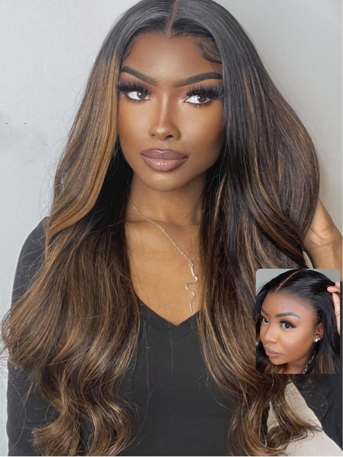 UNICE 24&quot; Balayage Brown Body Wave Human Hair Lace Front Wig - Pre Plucked, 150% Density