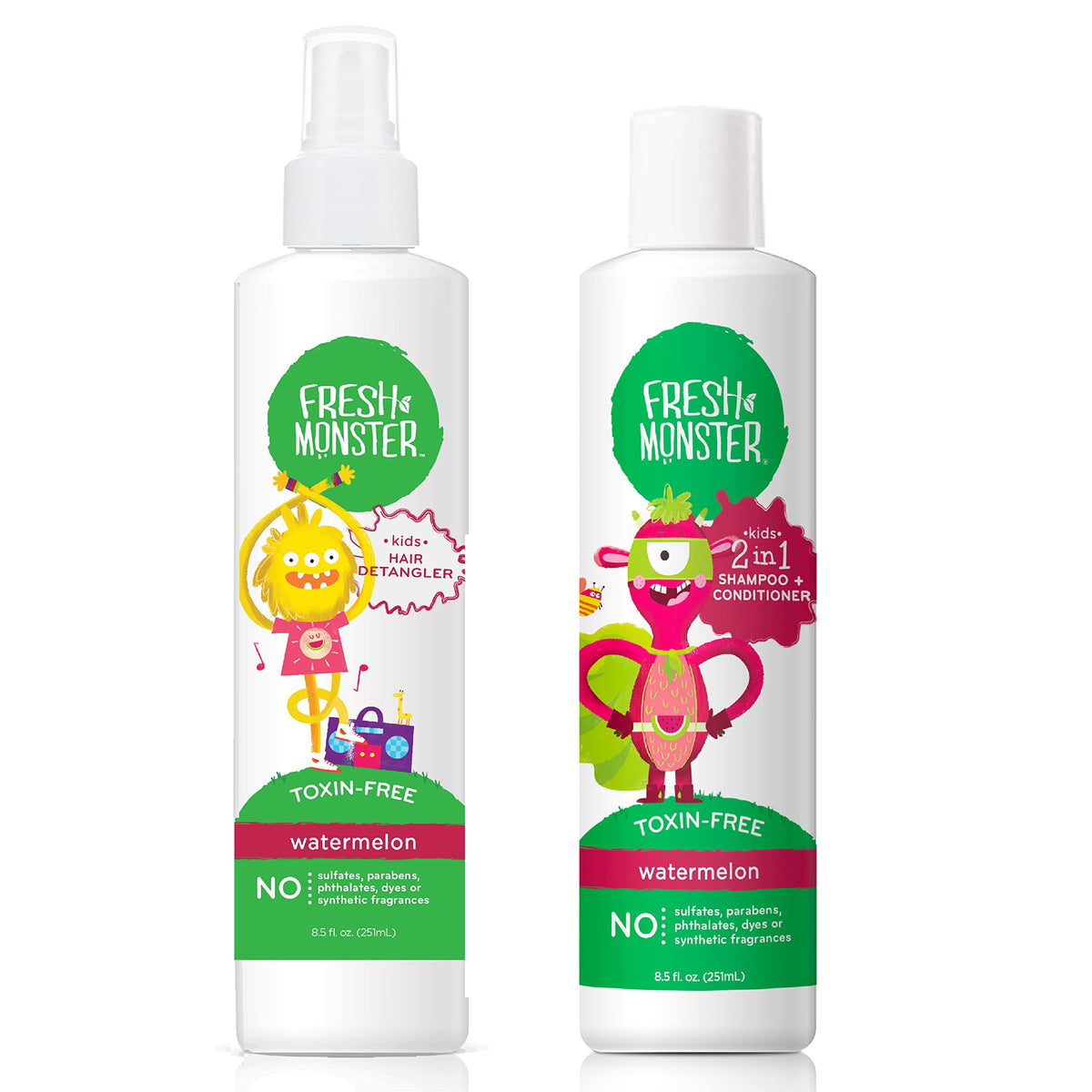 Fresh Monster Kids Hair Detangler & 2-In-1 Shampoo/Conditioner Combo, Watermelon, 2 Count