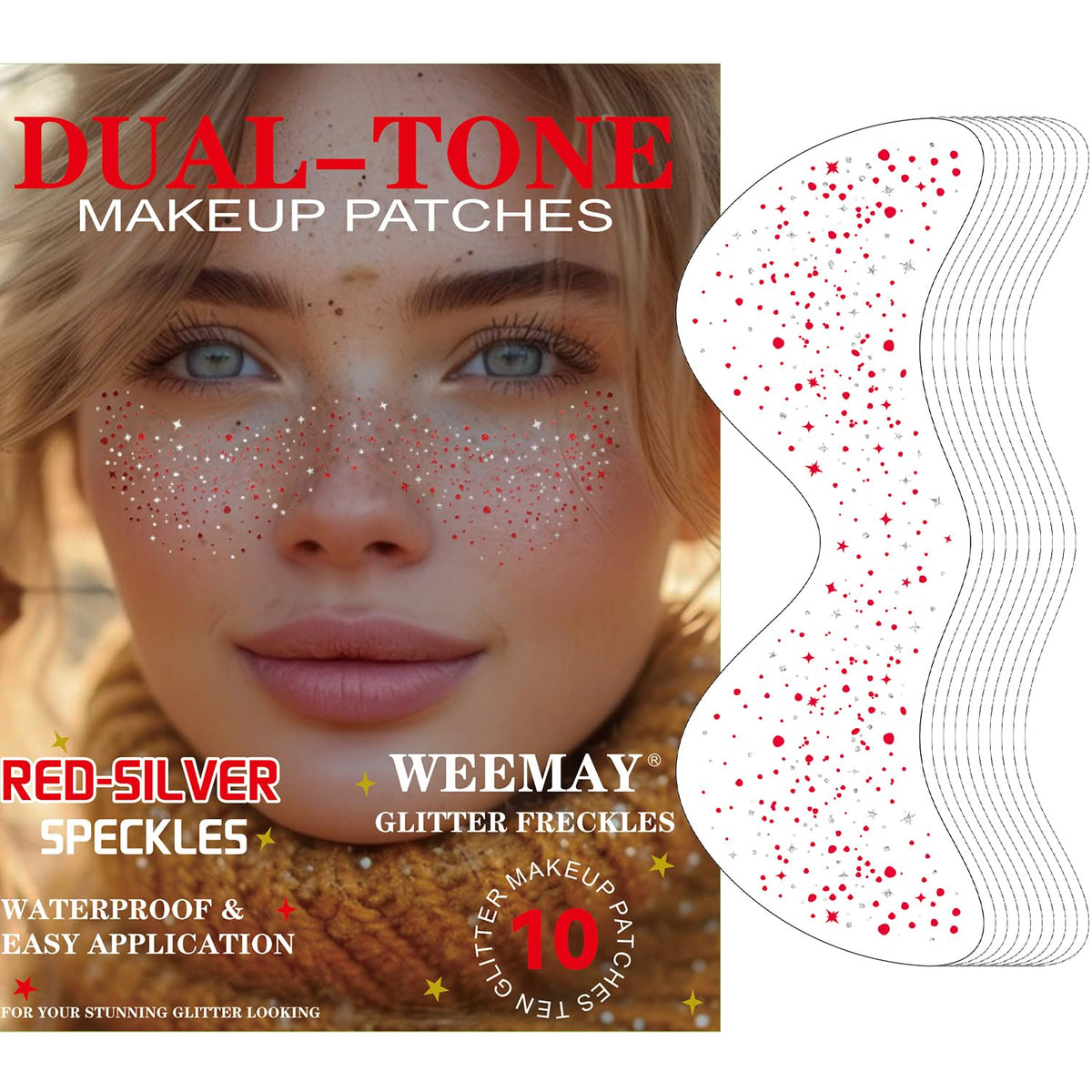 Weemay 10 Pcs Red-Silver Glitter Freckles Face Tattoo, Waterproof & Long-Lasting For Christmas