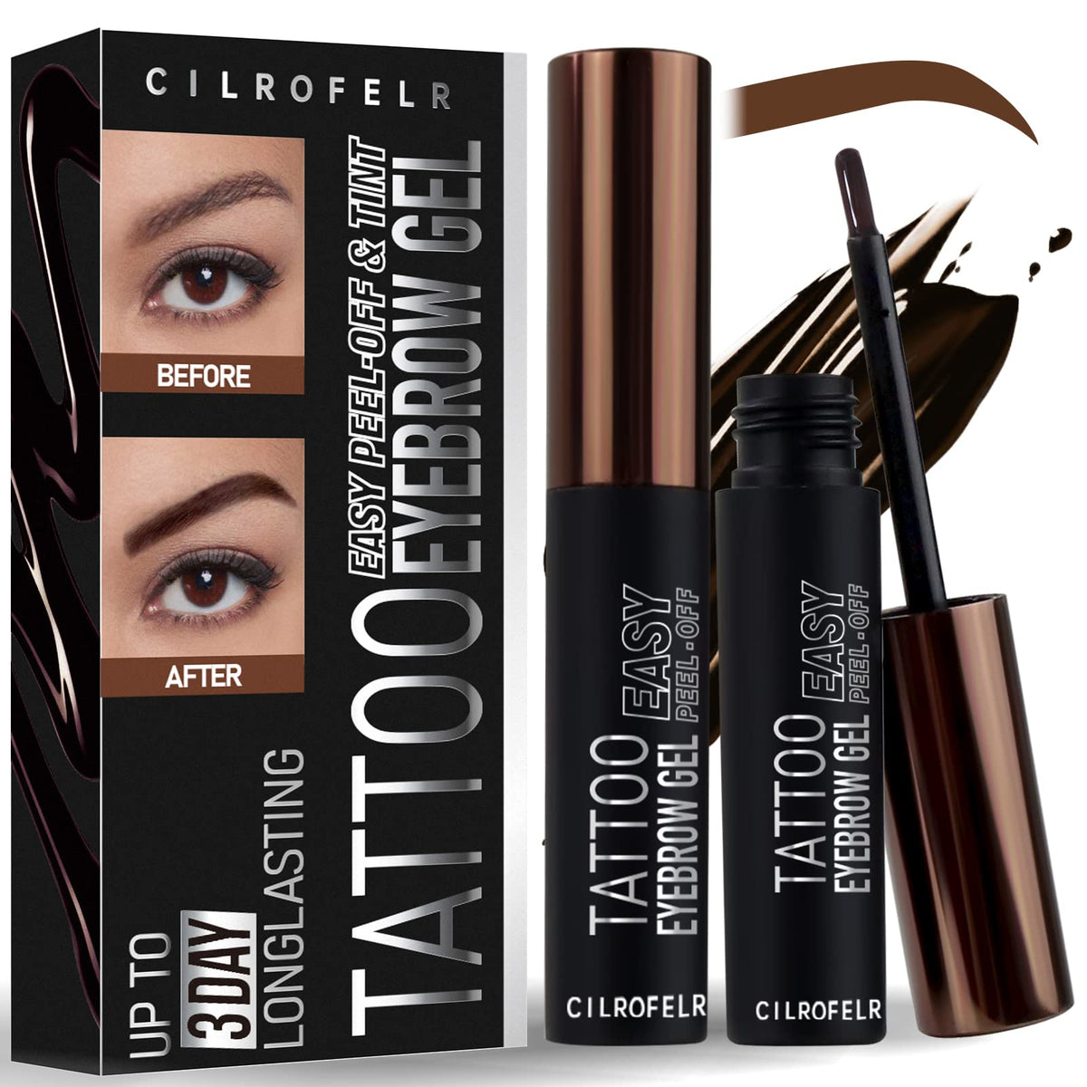 Cilrofelr Tattoo Peel Off Eyebrow Gel Tint, Dark Brown, Waterproof, 2 Count, Lasts 3 Days