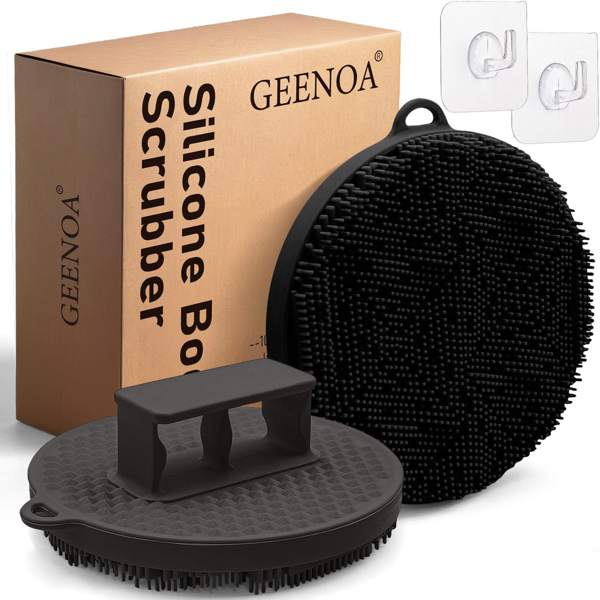 Geenoa Silicone Body Scrubber 2 Pcs - Exfoliating Loofah With Comfort Handle, Deep Cleansing, Black+Gray