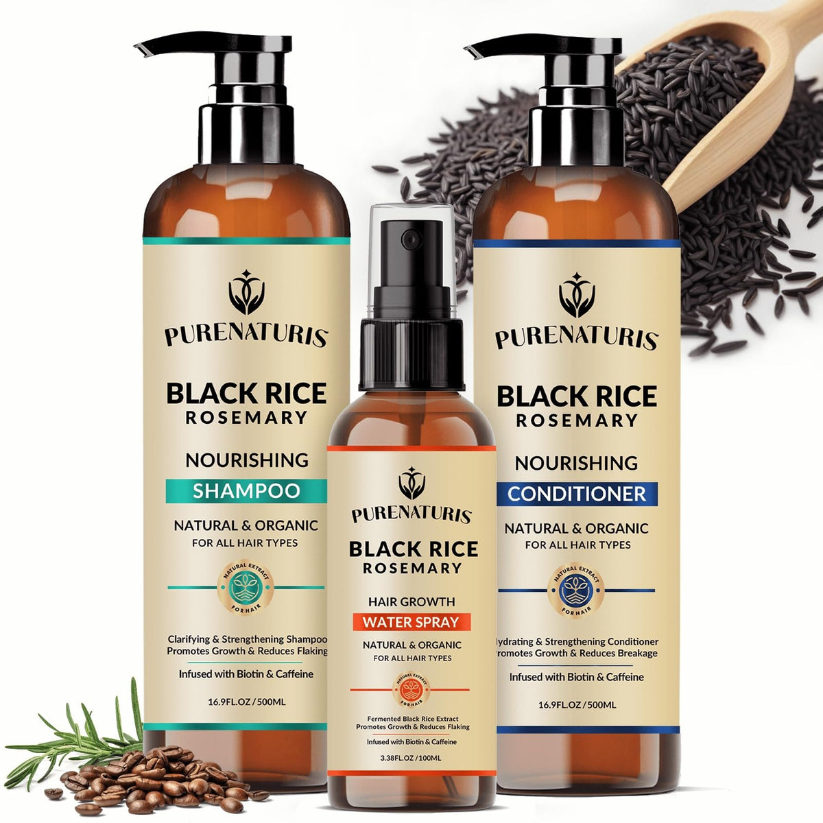 Purenaturis Organic Rosemary Black Rice Water Shampoo & Conditioner Set For Hair Growth, 12.43 Fl Oz