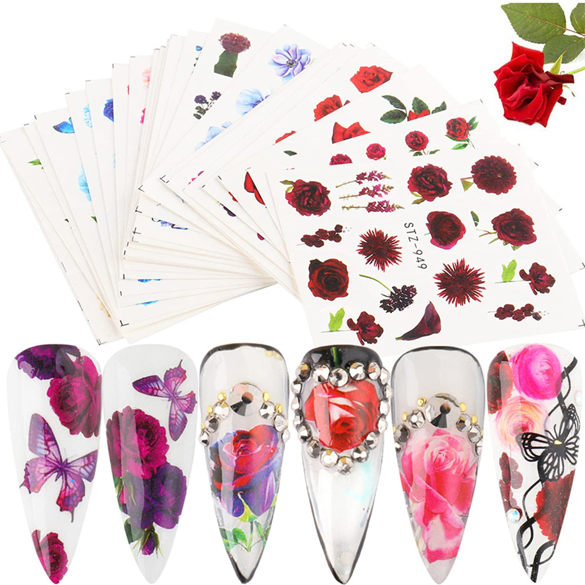 Tbrztr 24 Sheets Floral Nail Art Stickers - Holographic Water Transfer Decals For Manicure