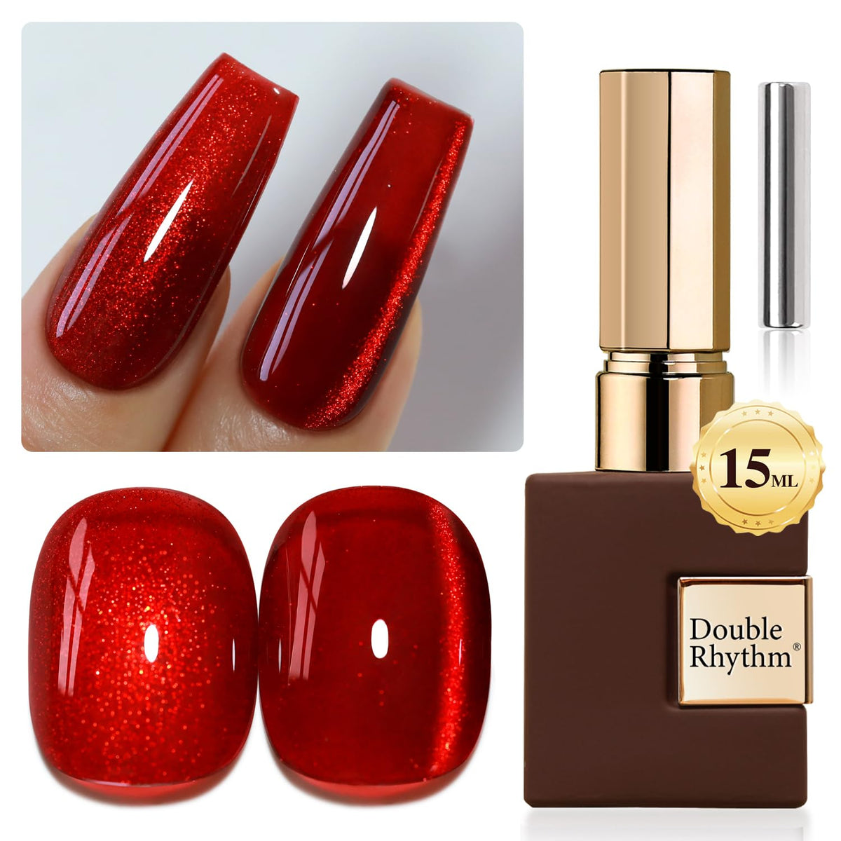 Double Rhythm Cat Eye Gel Polish 0.5 Oz Blood Red Holographic Magnetic Nail Polish 15Ml