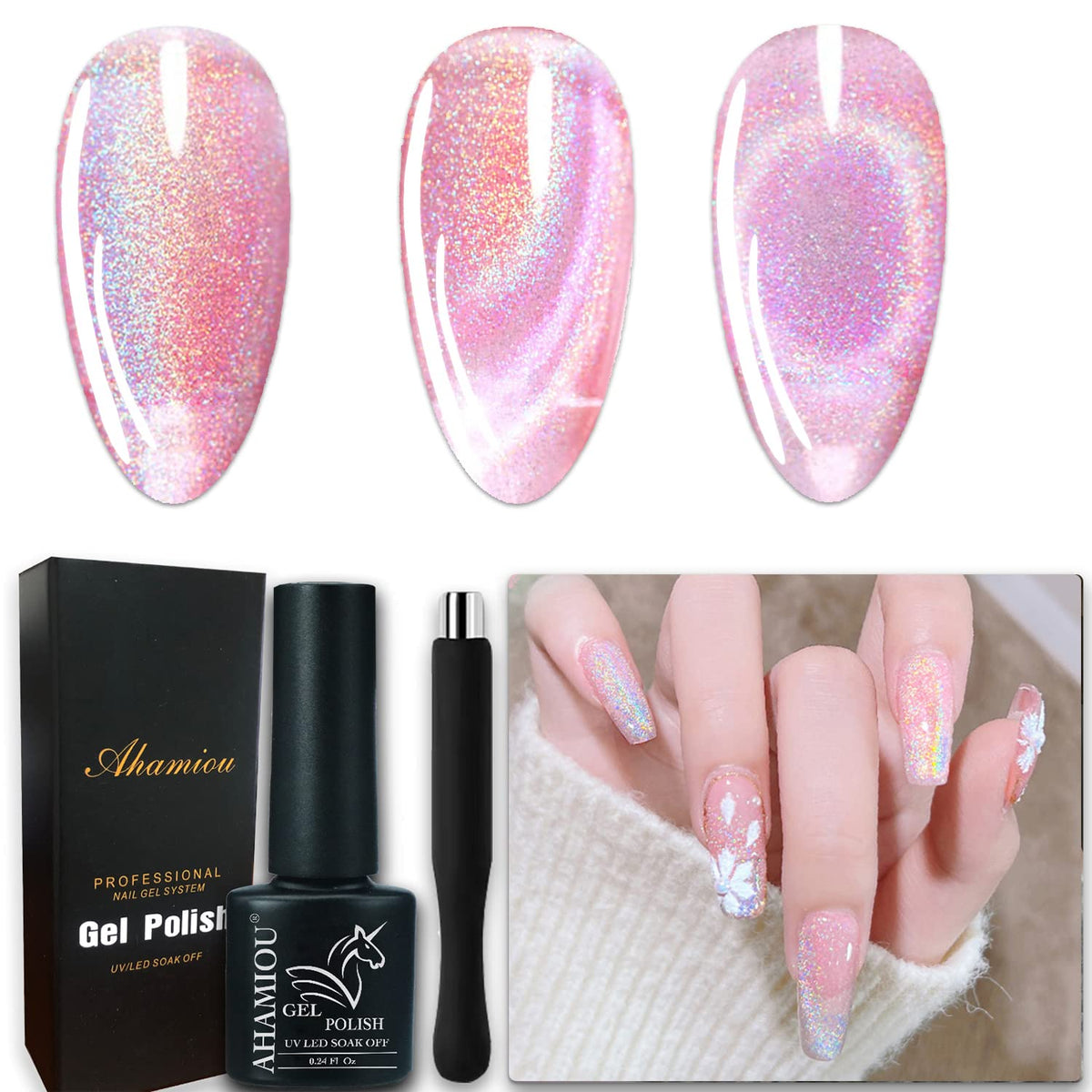 Ahamiou Pink Cat Eye Gel Nail Polish - Rainbow Holographic Magnetic Gel With Shine Effect 0.25 Fl Oz