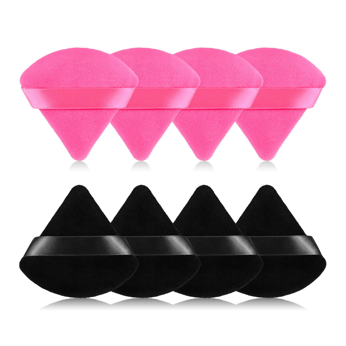 Rareius 8Pcs Triangular Velvet Makeup Puff Set For Loose Powder & Foundation - Black & Rose Red