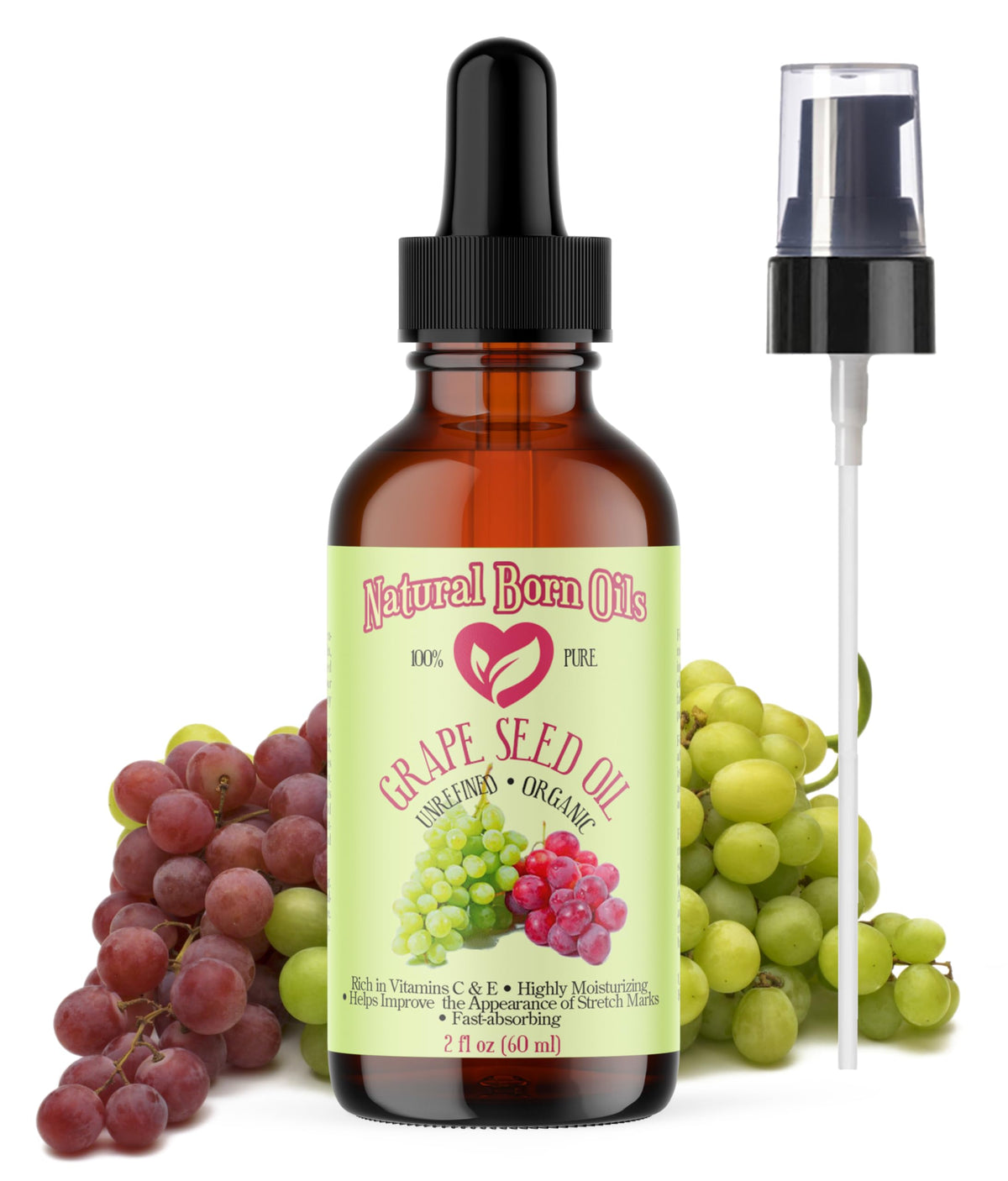 Natural Born Oils 2Oz Grape Seed Oil - 100% Pure, Organic Moisturizer For Skin & Hair