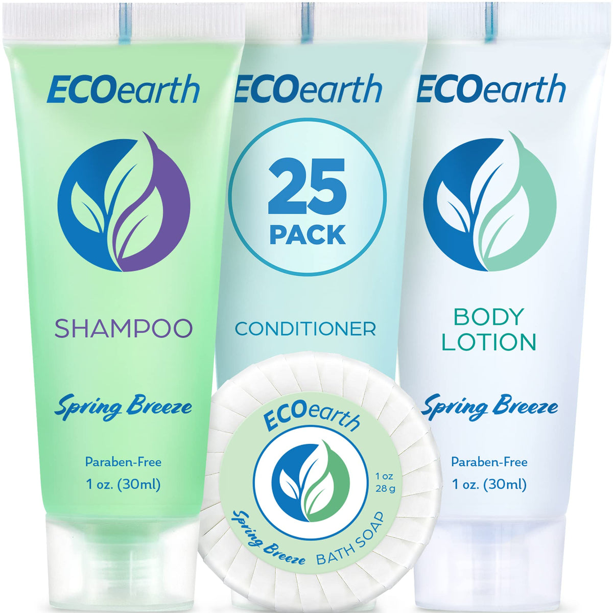 Ecoearth Hotel Toiletries Bundle - 100 Mini Amenities: 25 Soap, Shampoo, Conditioner, Lotion