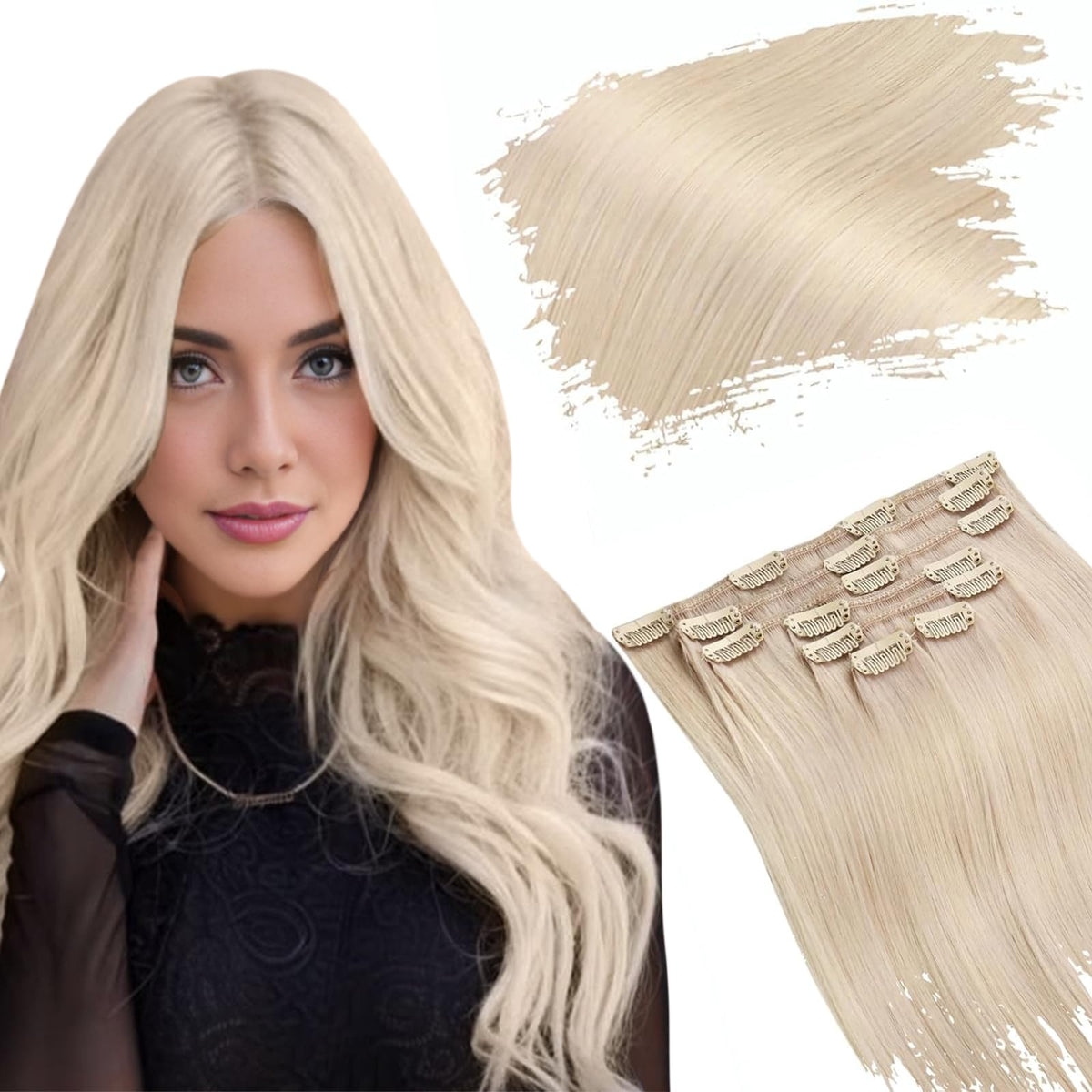 Ugeat 20&quot; Blonde Clip in Hair Extensions, Remy Human Hair, 120g, 7pcs, Platinum #60