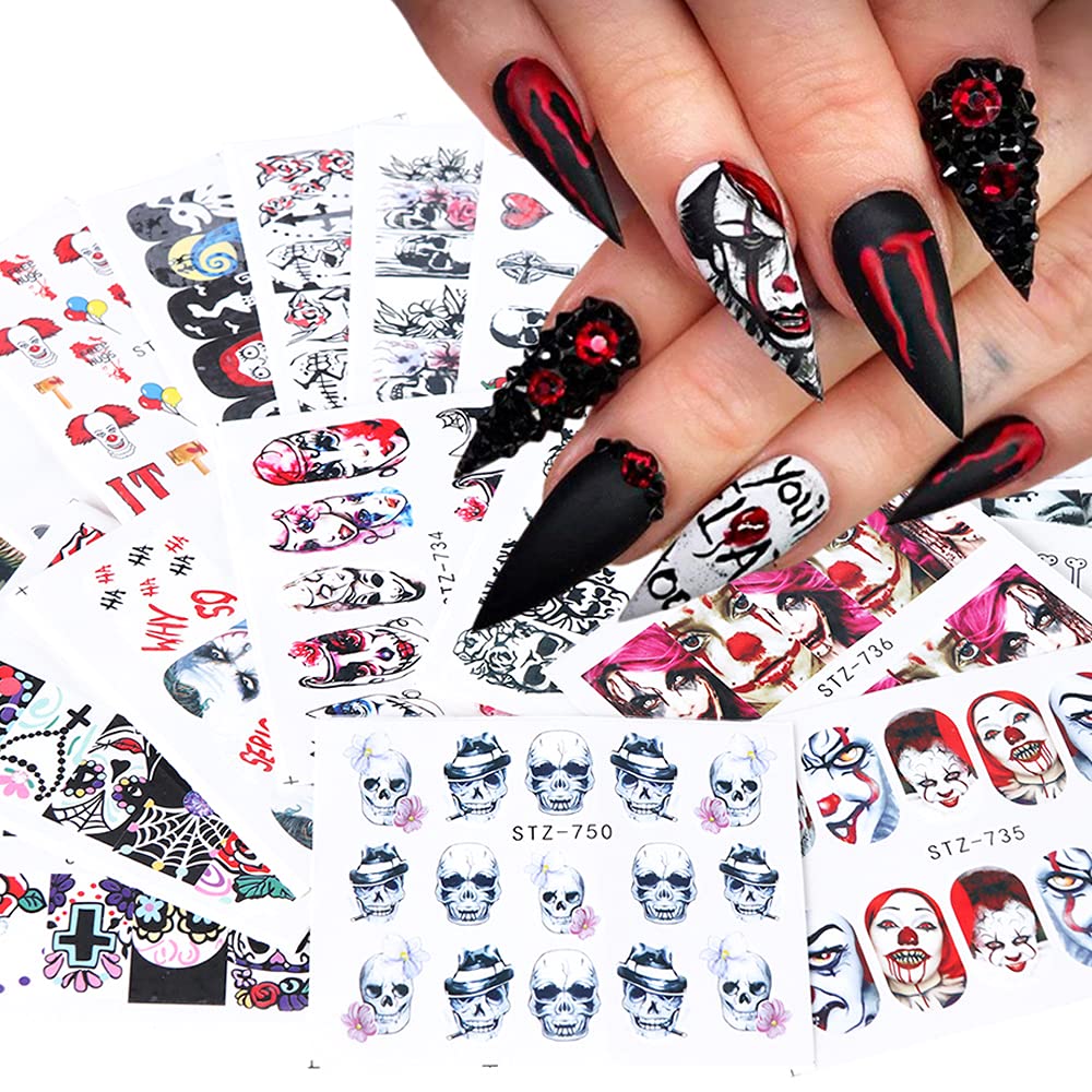 Xielime Halloween Nail Stickers - 24 Sheets Water Transfer Skull Ghost Clown Witch Art