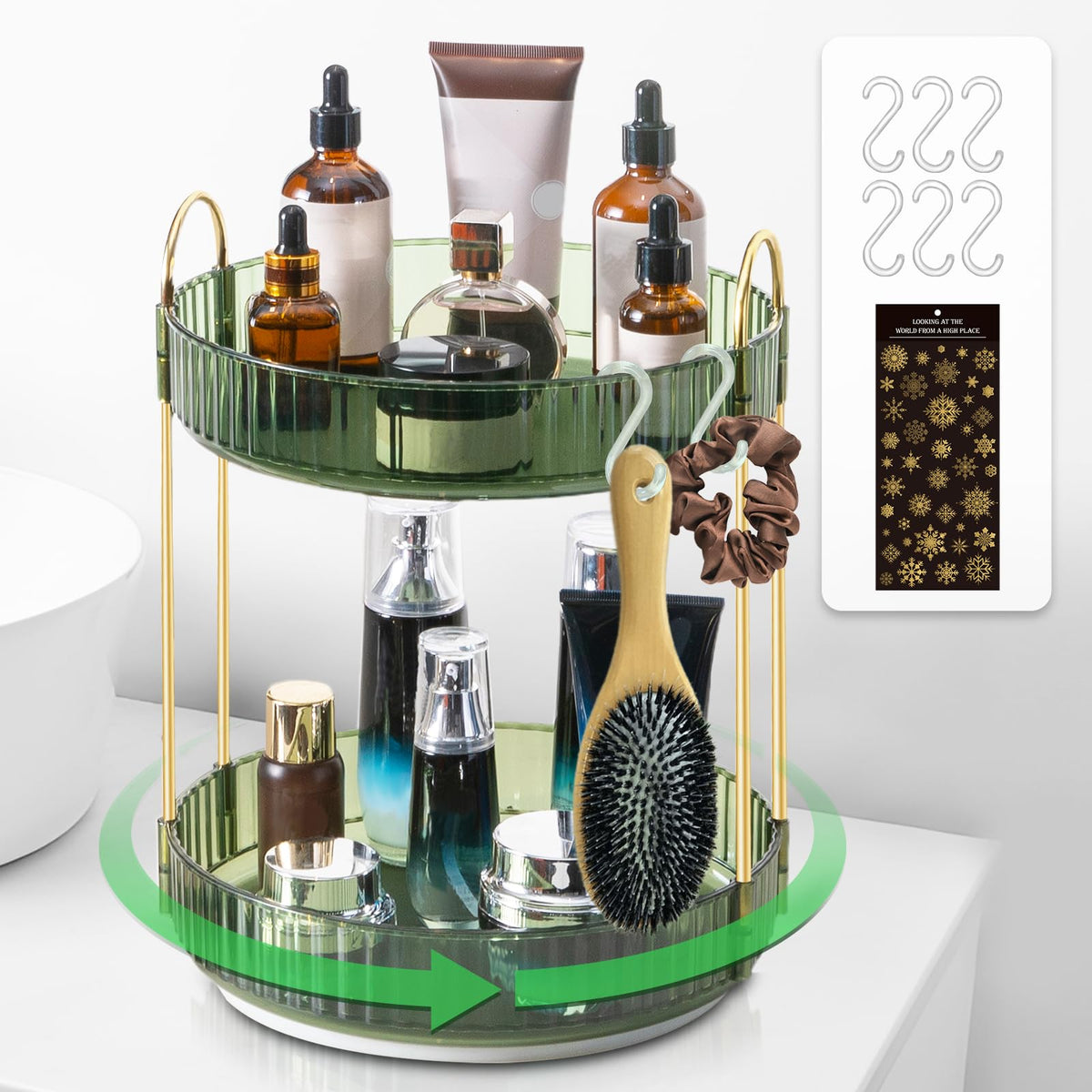 Megapuxin 360° Rotating Makeup Organizer - Large 2 Tier Skincare & Cosmetic Storage, Green