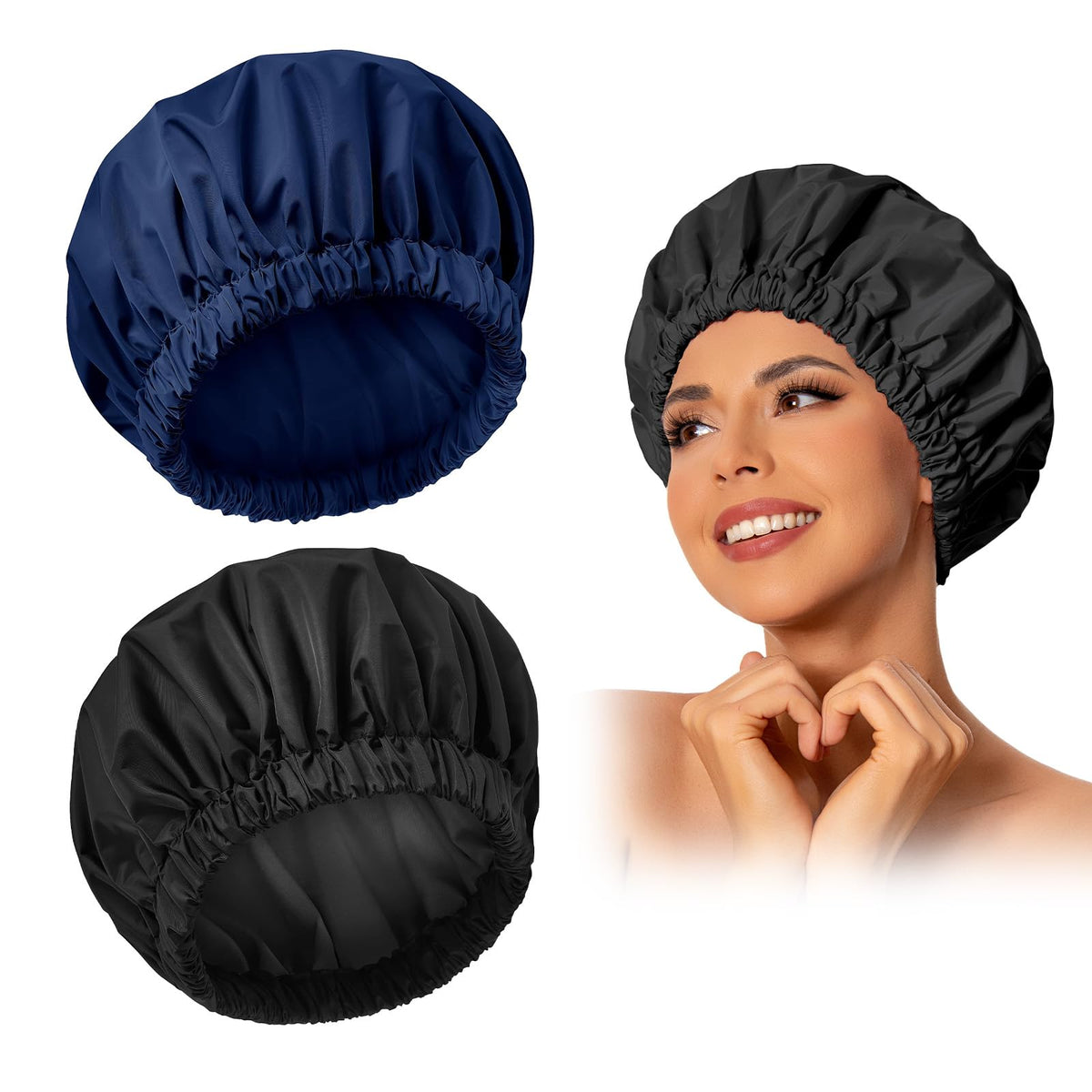 Edoneery Reusable Waterproof Shower Cap, Large Bath Hair Hat For Long Hair & Braids, Black/Navy