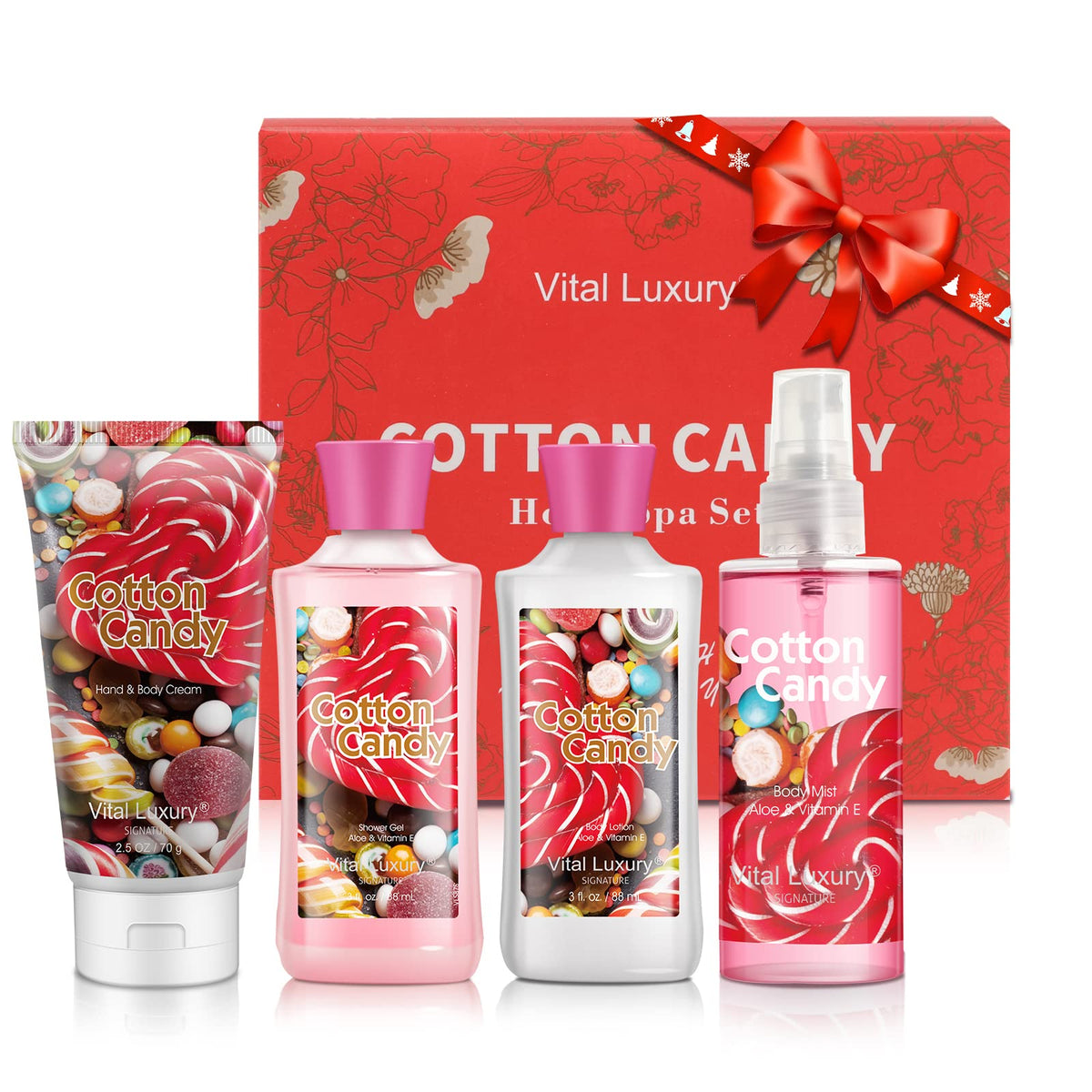 Vital Luxury Bath & Body Kit - 3 Fl Oz Spa Gift Set With Lotion, Gel, Cream & Mist - Cotton Candy