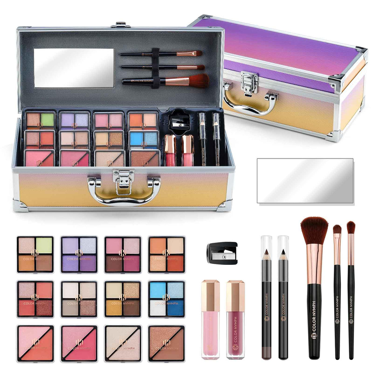 Color Nymph Fantasy Pink Girls Makeup Kit - 32 Colors Eyeshadow, Blush, Lip Gloss & Train Case